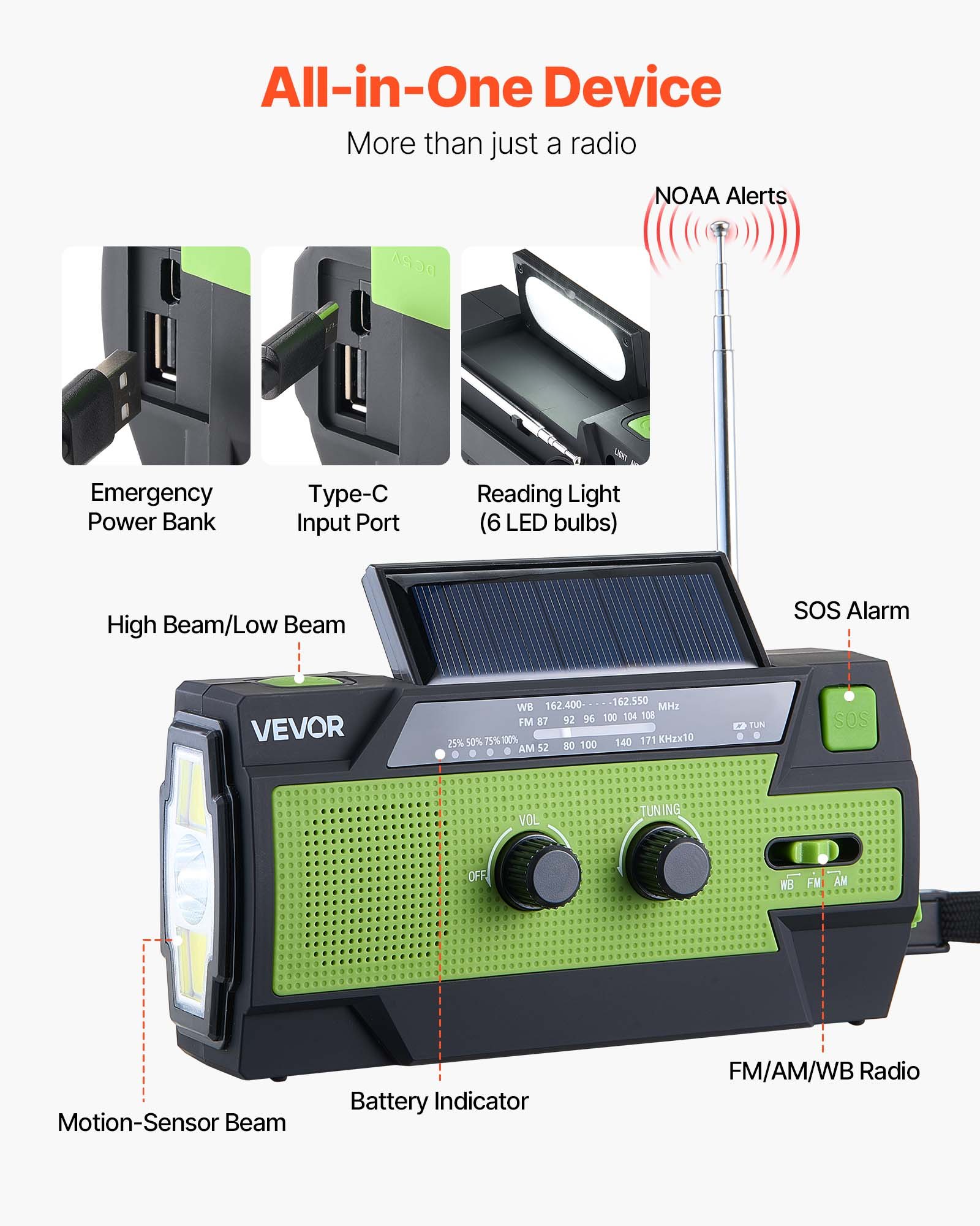 VEVOR Notfall Wetterradio Kurbelradio 4000 mAh Akku, FM/AM/WB/NOAA-Alarm, Solar-Notfallradio mit USB-Ladekabel & SOS-Alarm & Taschenlampe, SOS für Camping Notladung von Smartphone Grün