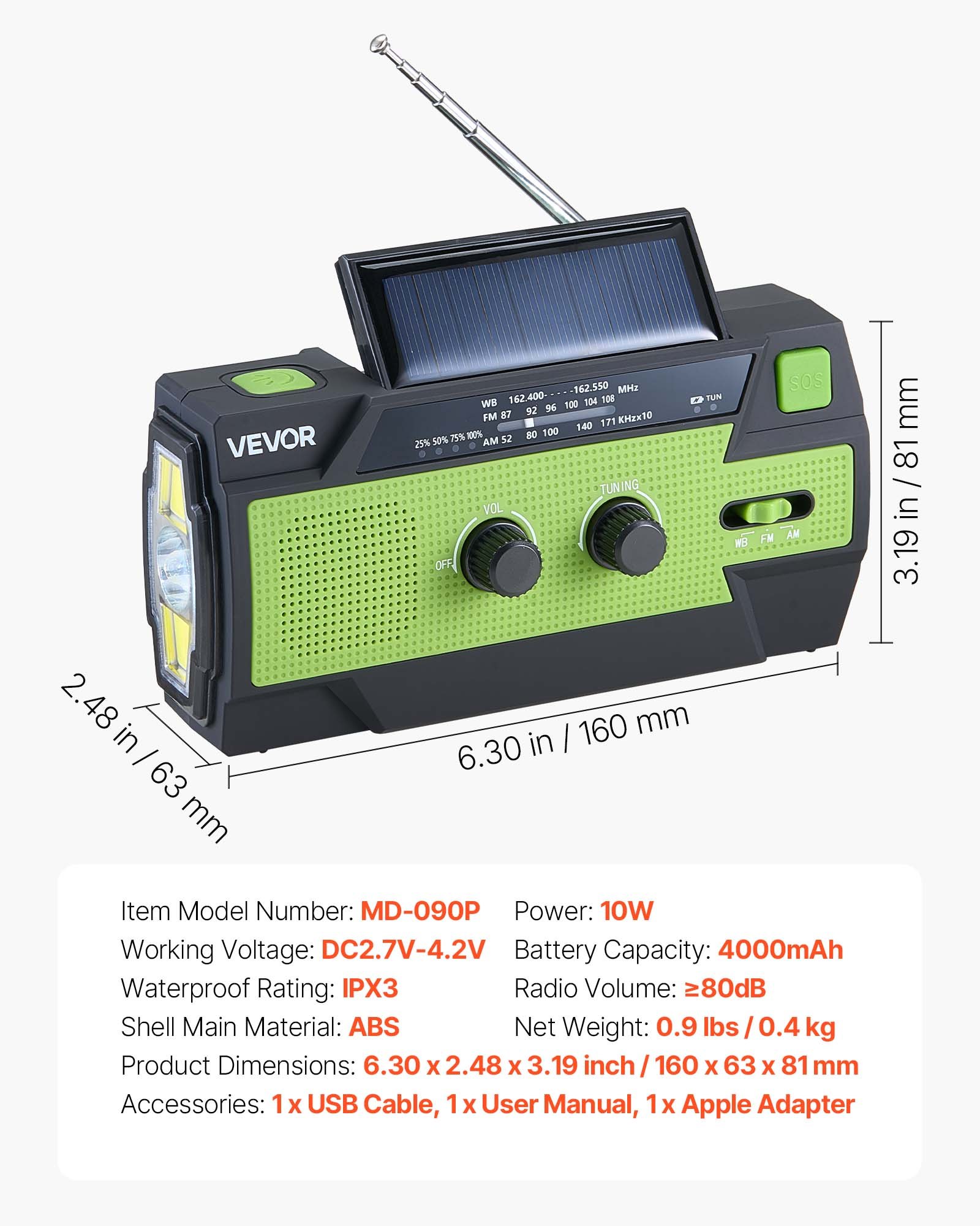 VEVOR Notfall Wetterradio Kurbelradio 4000 mAh Akku, FM/AM/WB/NOAA-Alarm, Solar-Notfallradio mit USB-Ladekabel & SOS-Alarm & Taschenlampe, SOS für Camping Notladung von Smartphone Grün