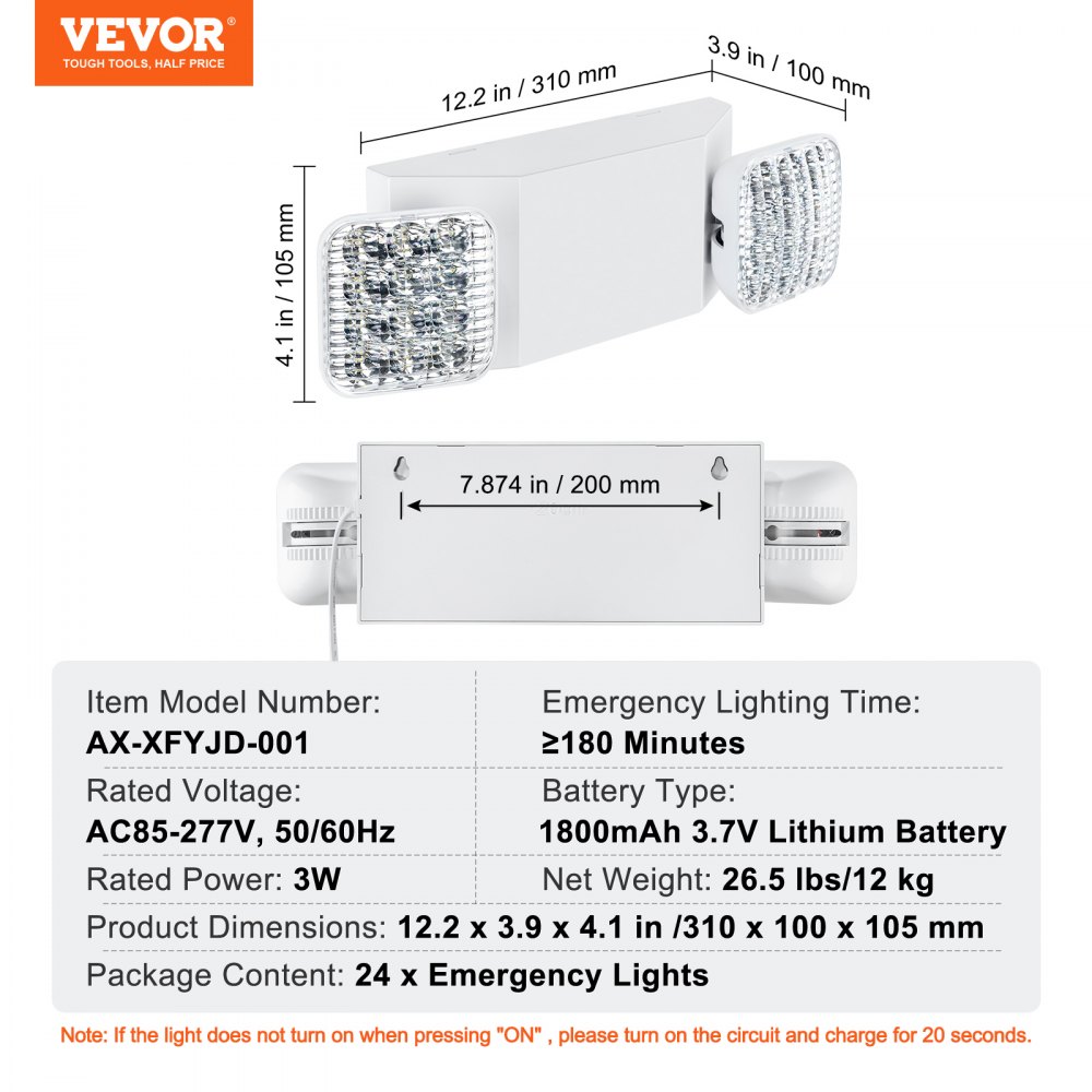 VEVOR 24er-Pack kommerzielle Notbeleuchtung, 3 W, weiße LED-Notausgangsbeleuchtung mit 180-Minuten-Backup-Batterie, verstellbarer 2-LED-Quadratkopf, Decken- oder Wandmontage für Stromausfälle in Unternehmen