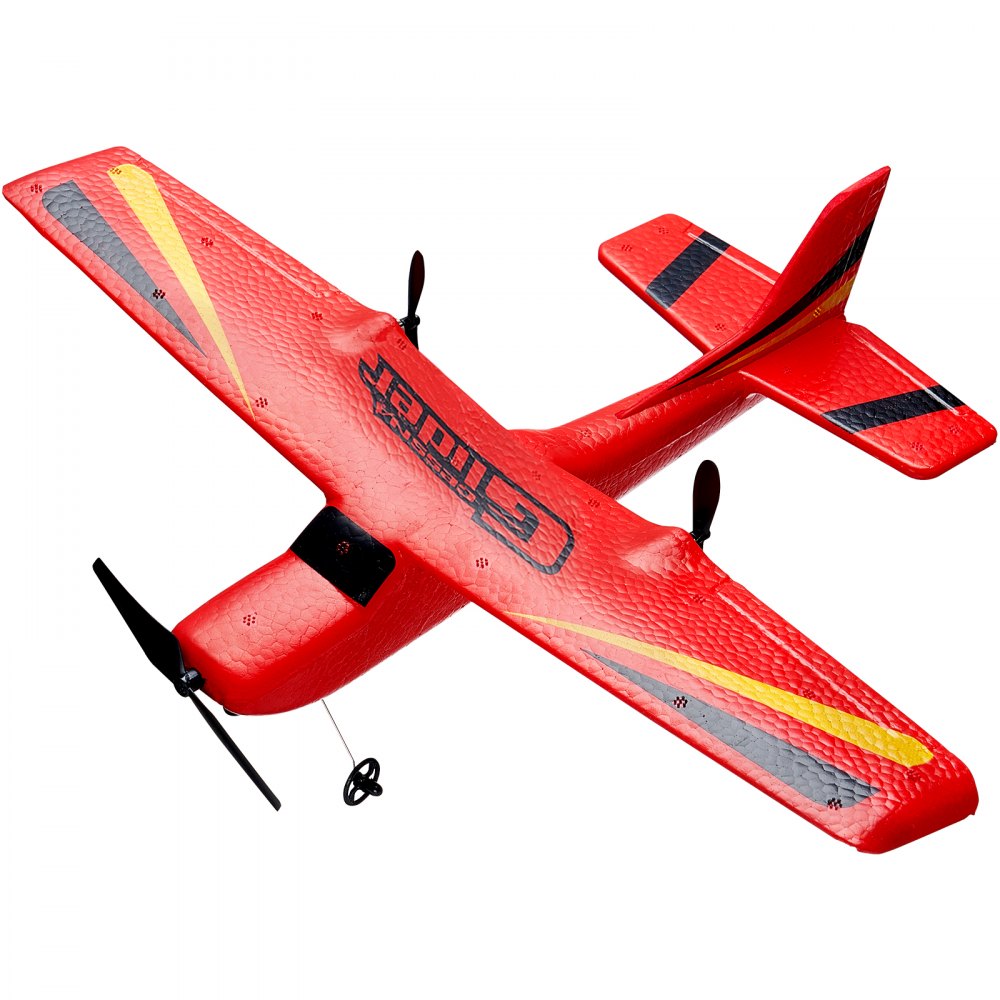 rotes VEVOR-RC-Flugzeug mit schwarzen und gelben Akzenten an Flügeln und Rumpf, Doppelpropeller.