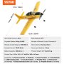 gelbes VEVOR RC-Flugzeug A210 mit Abmessungen und Spezifikationen, einschließlich 4-Kanal-Fernbedienung.