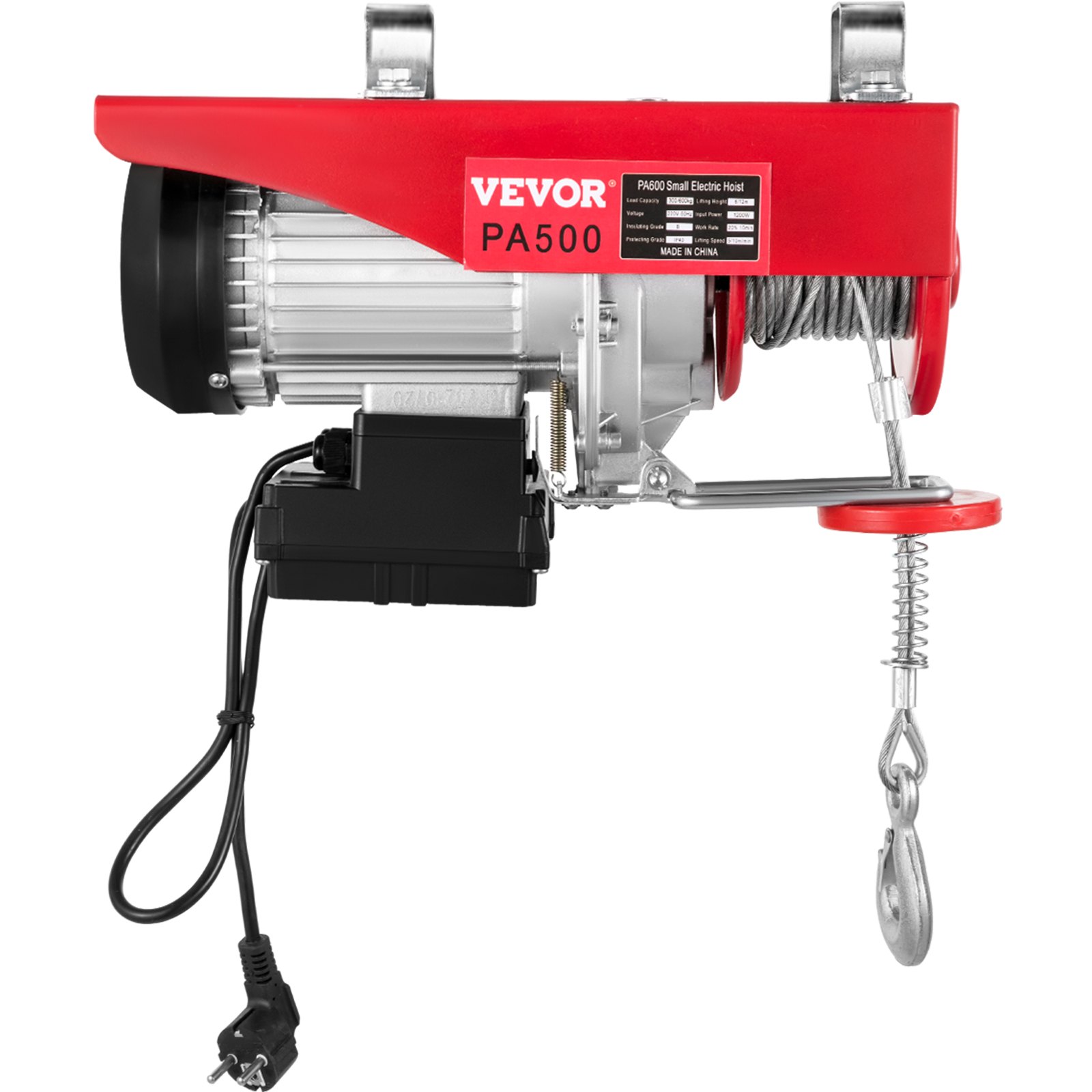 VEVOR Elektrische Seilwinde mit Doppelkabel, Tragkraft 495 KG, Motorleistung 1020 W, Seilhebezug mit Kettenzug 220V, Motorwinde Flaschenzug Drahtlose Fernbedienung, Not-Aus-Schalter