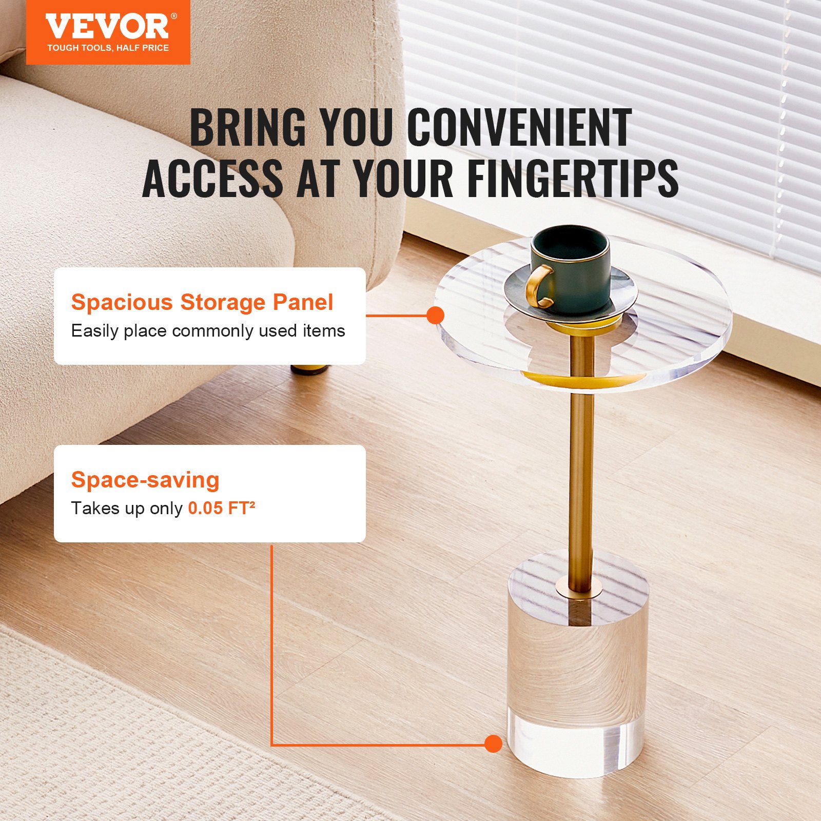 VEVOR Durchsichtiger Acryl-Beistelltisch, Acryl-Beistelltisch mit Solider Basis,  φ302 x 20 mm Runde Tischplatte, 543 mm Hoch, für Kaffee, Getränke, Essen, Snacks, Geeignet für Wohnzimmer, Esszimmer