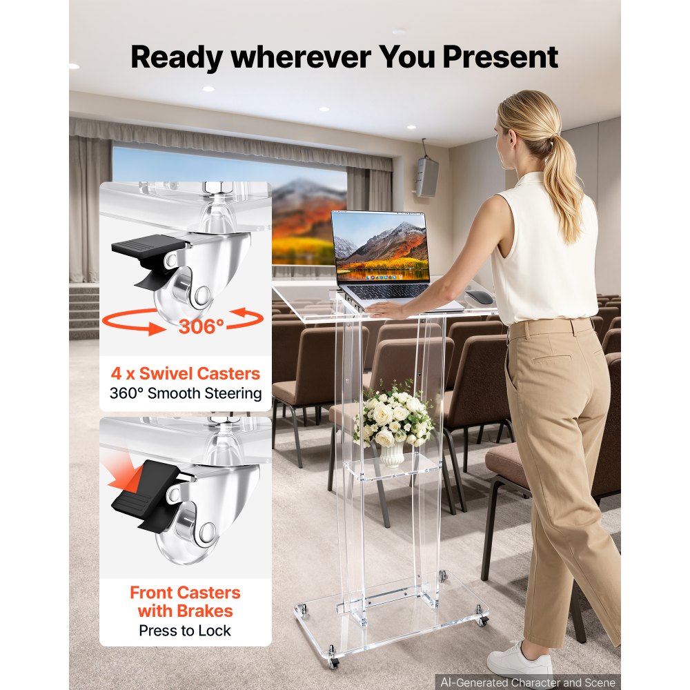 VEVOR Rednerpult Acryl Podium Stehpult Lesepult 785x330x1190 mm Transparent, für Klassenzimmer Kirchen Veranstaltungen Präsentationsständer mit Ablagefach Buchstopp Geräumiger Ablagefläche Lenkrollen