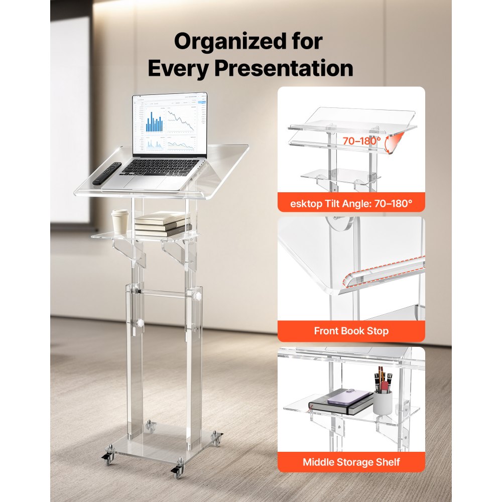 VEVOR Rednerpult Acryl Podium Höhenverstellbar 1090–1178 mm Transparent, Stehpult für Klassenimmer Kirchen Veranstaltungen, Präsentationsständer mit 70–180° Neigungswinkel Lesefläche Ablageflach