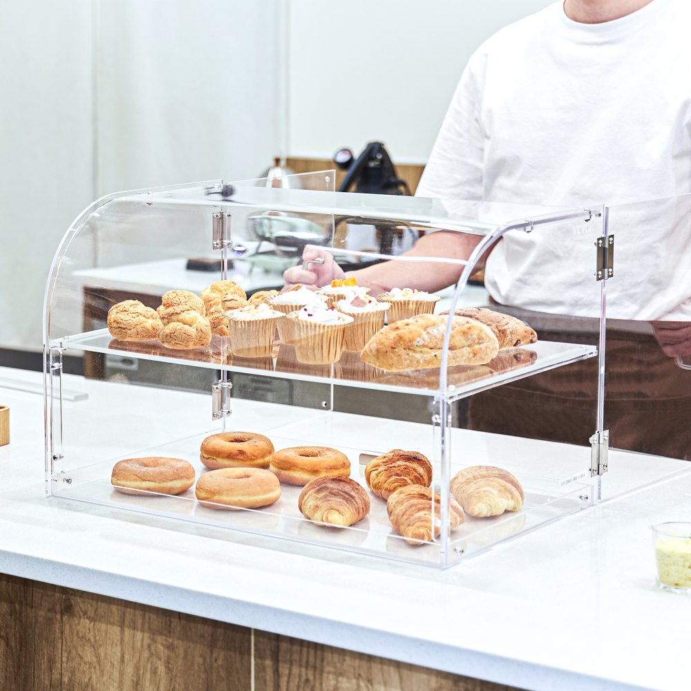 VEVOR 2-stöckige Gebäck-Vitrine, Kommerzielle Bäckerei-Vitrine 558 x 356 x 356 mm, Acryl-Vitrine mit mit stabilen Doppelscharnieren, Bäckerei Konditorei Vitrine für Donut-Bagels, Kuchen, Kekse usw.