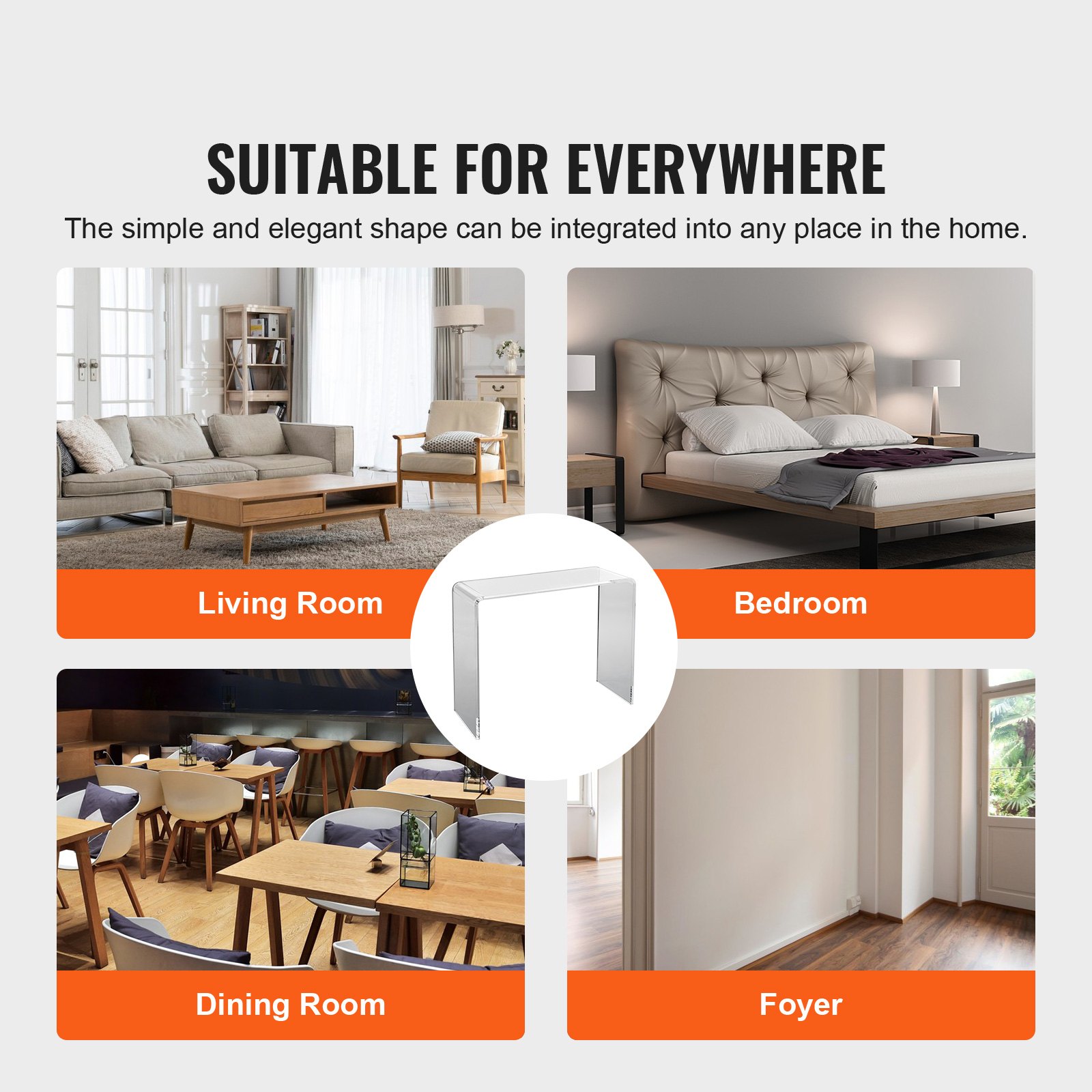 VEVOR U-shaped side table 964 x 381 x 740 mm, U-shaped acrylic table side table, transparent coffee table for drinks, food, snacks, used in living room, bedroom, study etc.