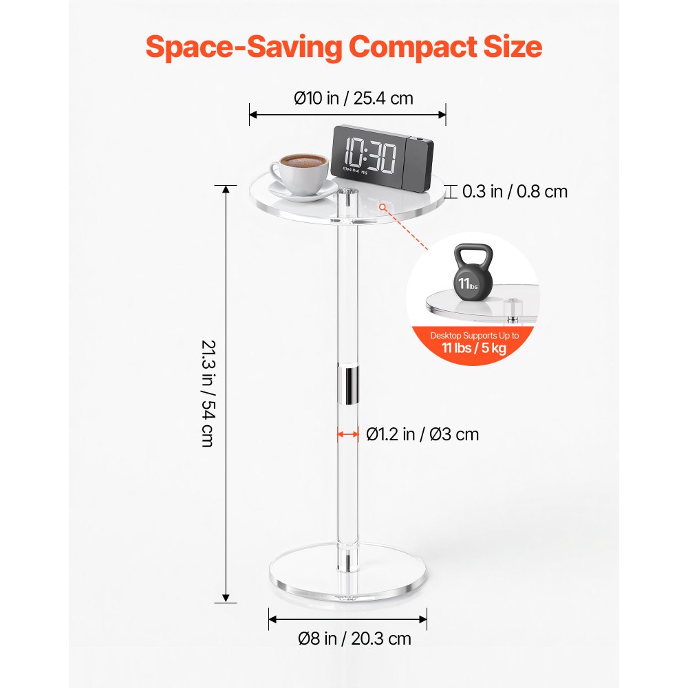 VEVOR Acrylic Drink Table, Clear End Table Round Top with Solid Post, Modern Acrylic Cake Table Stand, Transparent Side Desk for Coffee, Drink, Food, Snack, Easy Assembly, 25.4 x 25.4 x 54 cm (Clear)