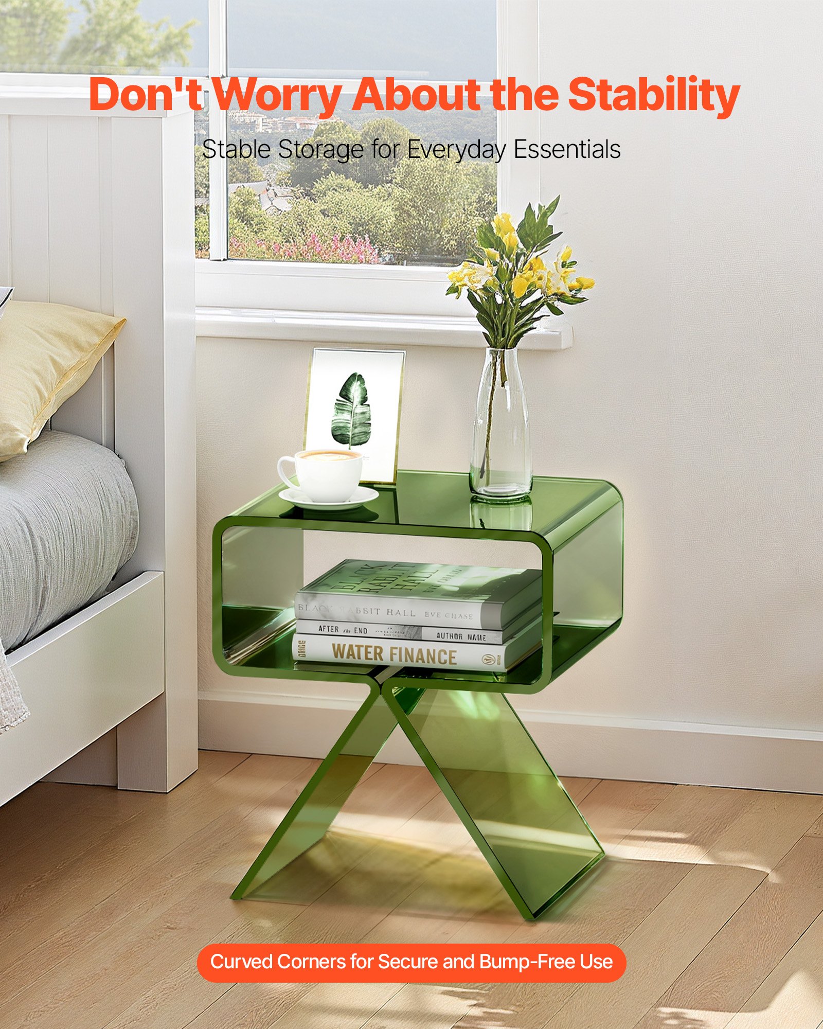 VEVOR Acrylic Nightstand Side Table, Modern Clear Bedside Table with Storage Shelf, Transparent Small End Desk for Living Room, Bedroom, Home Decor, No Assembly Needed, 30 x 39.1 x 43 cm (Green)