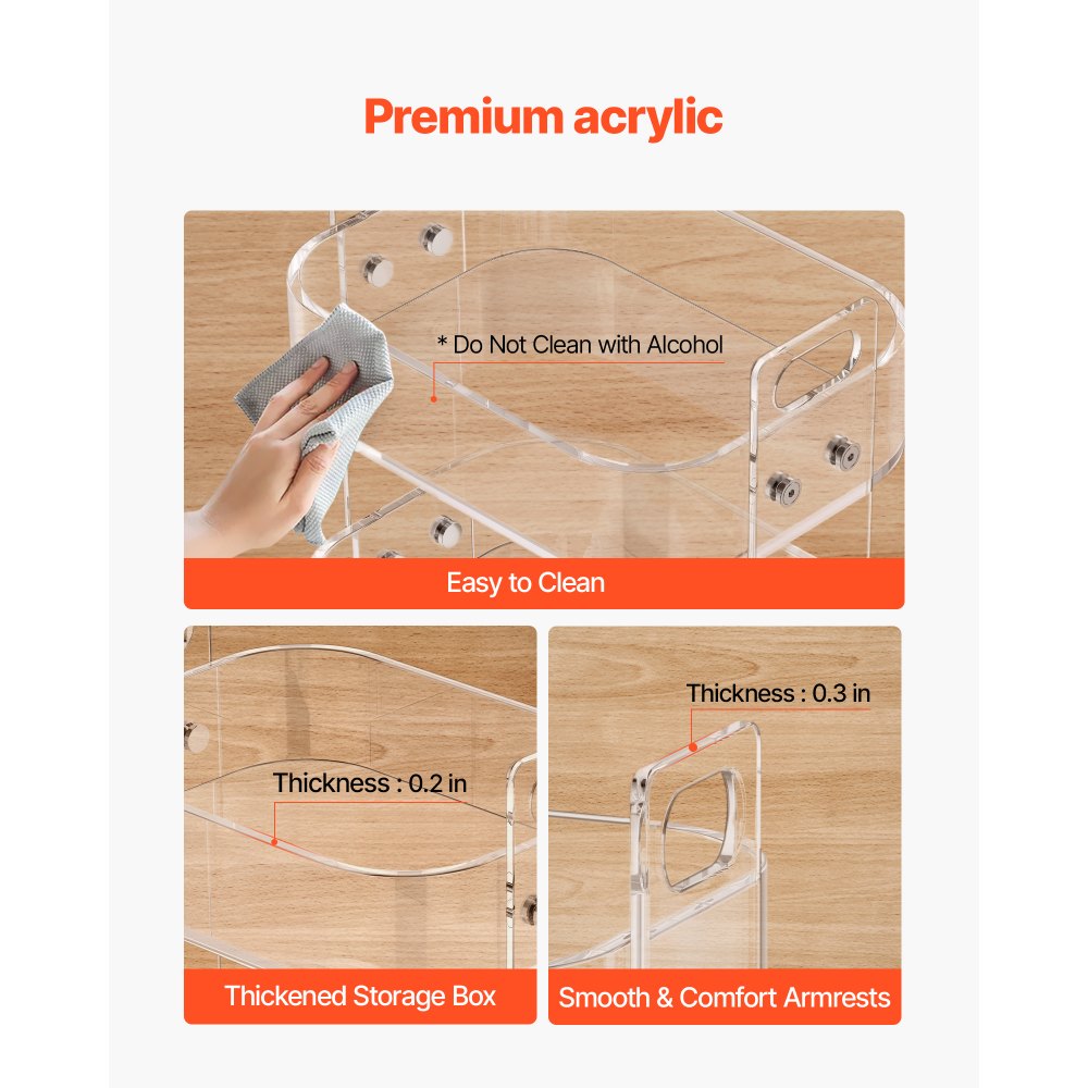 VEVOR Acrylic Table with Wheels, 2 Tiers Mobile Cart Table, Modern Rolling Acrylic Storage Desk, Clear Nightstand Side End Desk, for Living Room, Bedroom, Bar, Office, 30.5 x 41.6 x 48 cm (Clear)