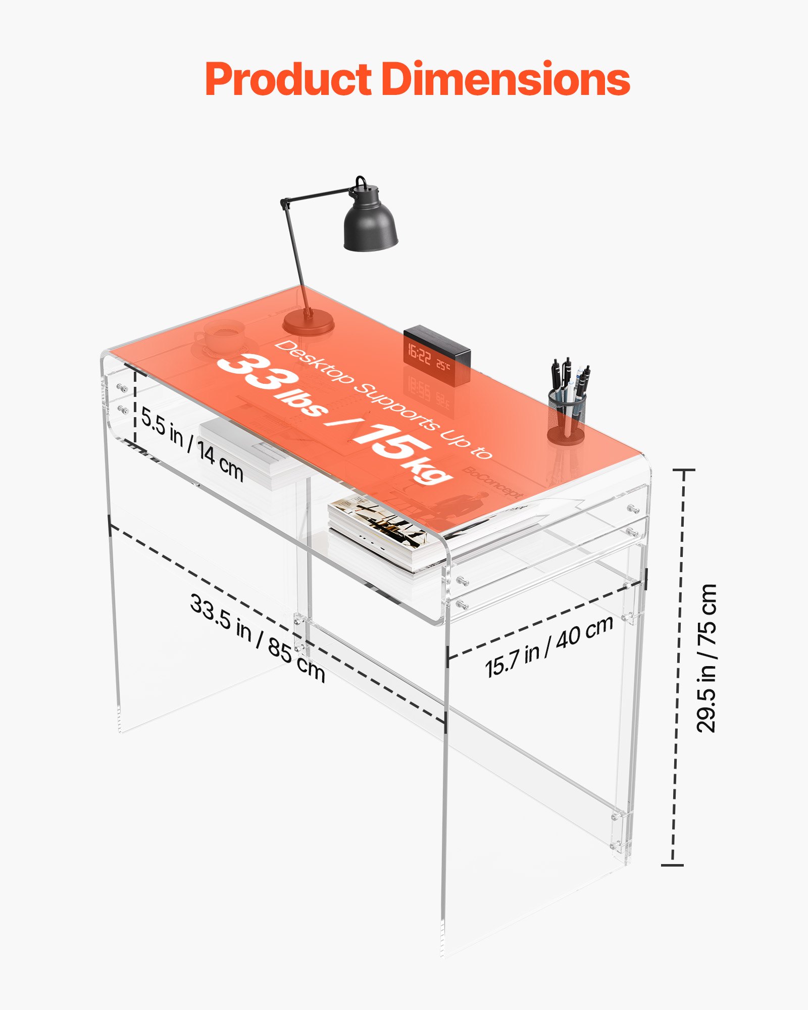 VEVOR Acryltisch Schreibtisch 2-stufiger, durchsichtiger Eingangtisch mit Ablage, moderner rechteckiger Computertisch, dicker Schreibtisch für Schlafzimmer Büro Wohnzimmer 40 x 85 x 75 cm