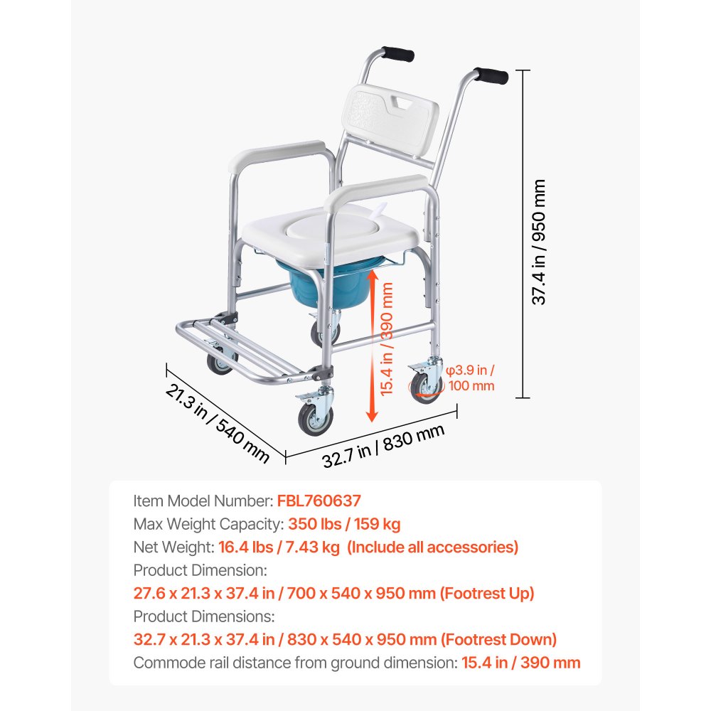 VEVOR Nachttoilettenstuhl 159 kg belastbar, rollbare Toilettensitzerhöhung mit gepolsterter Sitzfläche/Rückenlehne/hochklappbarer Fußstütze, abnehmbarer 5 L Eimer, Duschrollstuhl für Senioren