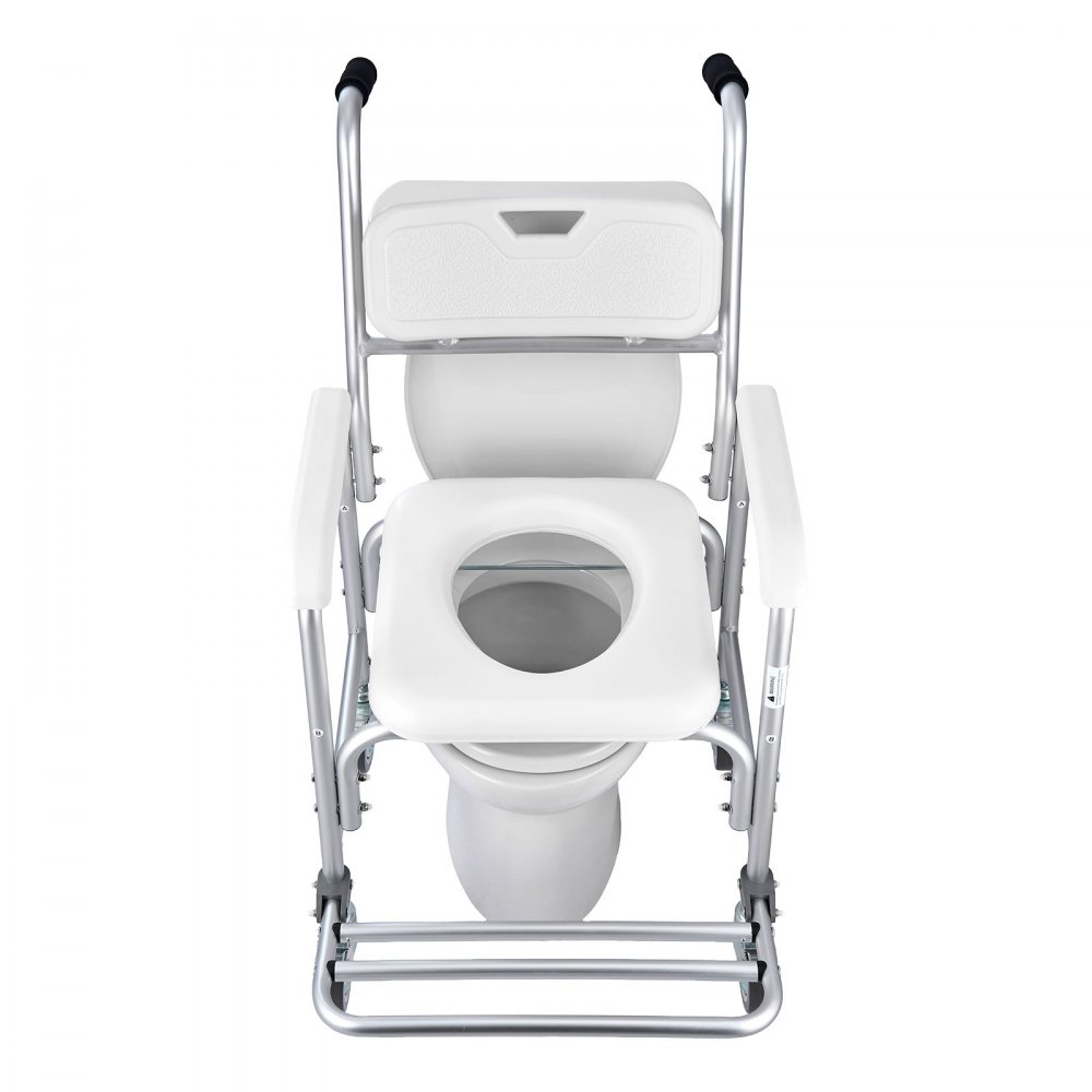 VEVOR Bedside Commode Chair with Wheels, 159 kg Capacity, 4-in-1 Portable Toilet and Raised Toilet Seat with Padded Seat/Backrest/Flip-up Footrest, Detachable 5L Bucket, Shower Wheelchair for Seniors