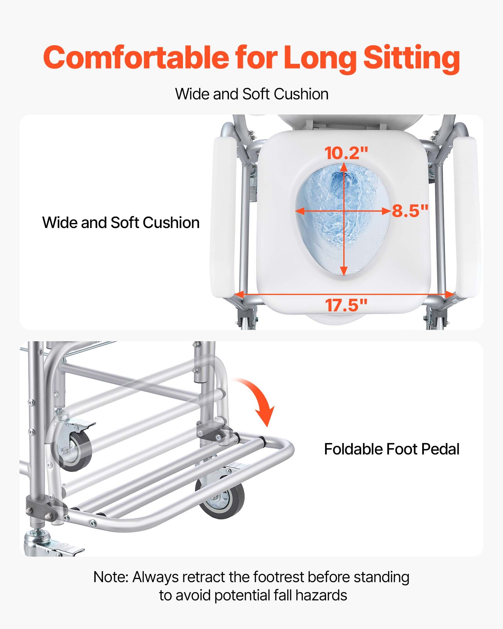 VEVOR Nachttoilettenstuhl 159 kg belastbar, rollbare Toilettensitzerhöhung mit gepolsterter Sitzfläche/Rückenlehne/hochklappbarer Fußstütze, abnehmbarer 5 L Eimer, Duschrollstuhl für Senioren