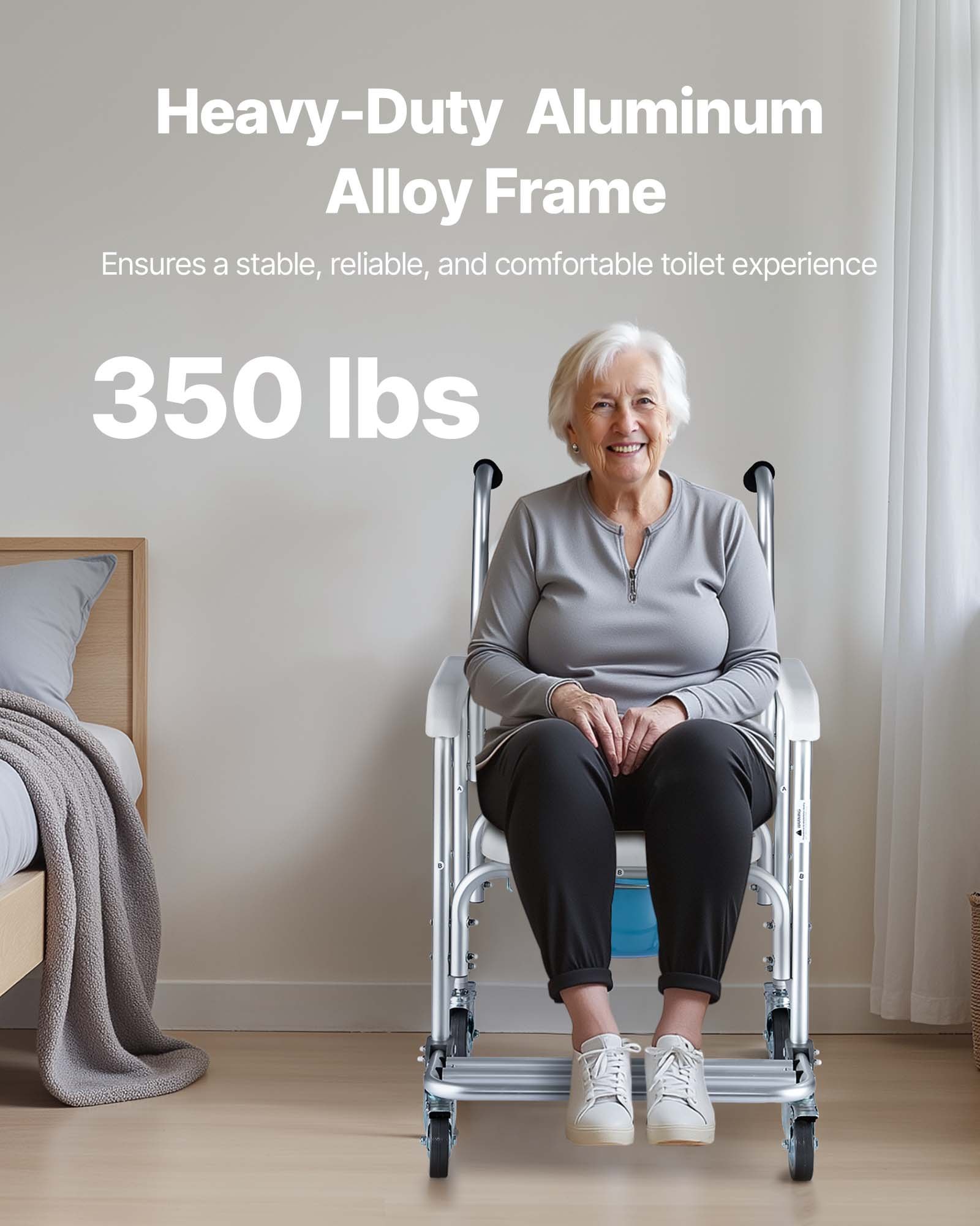 VEVOR Bedside Commode Chair with Wheels, 159 kg Capacity, 4-in-1 Portable Toilet and Raised Toilet Seat with Padded Seat/Backrest/Flip-up Footrest, Detachable 5L Bucket, Shower Wheelchair for Seniors