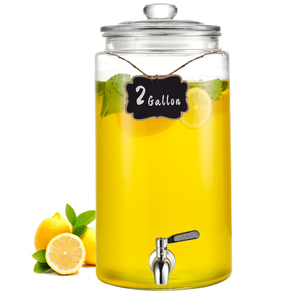 VEVOR 7,5 L Getränkespender für Partys, Saftspender aus Glas mit Edelstahlzapfhahn, Eistee-Limonadensaft-Wasserspender, für Restaurants, Hotels, Partys