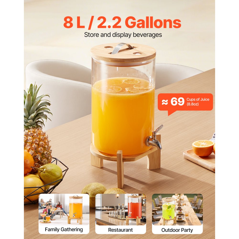 VEVOR Getränkespender (1 x 8 L) für Partys Saftspender (aus Glas) mit tropfsicherem Zapfhahn & Holzständer, Wasserspender für Restaurants Partys, Limonade Eistee selbstgemachte Getränke Spender