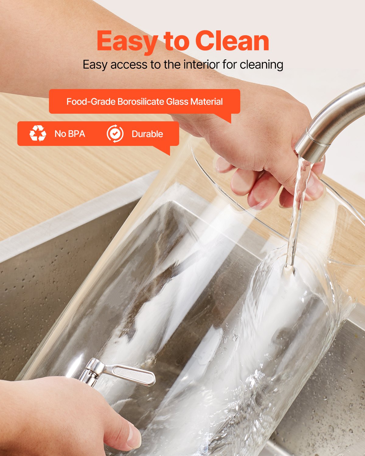 VEVOR Getränkespender (1 x 8 L) für Partys Saftspender (aus Glas) mit tropfsicherem Zapfhahn & Holzständer, Wasserspender für Restaurants Partys, Limonade Eistee selbstgemachte Getränke Spender