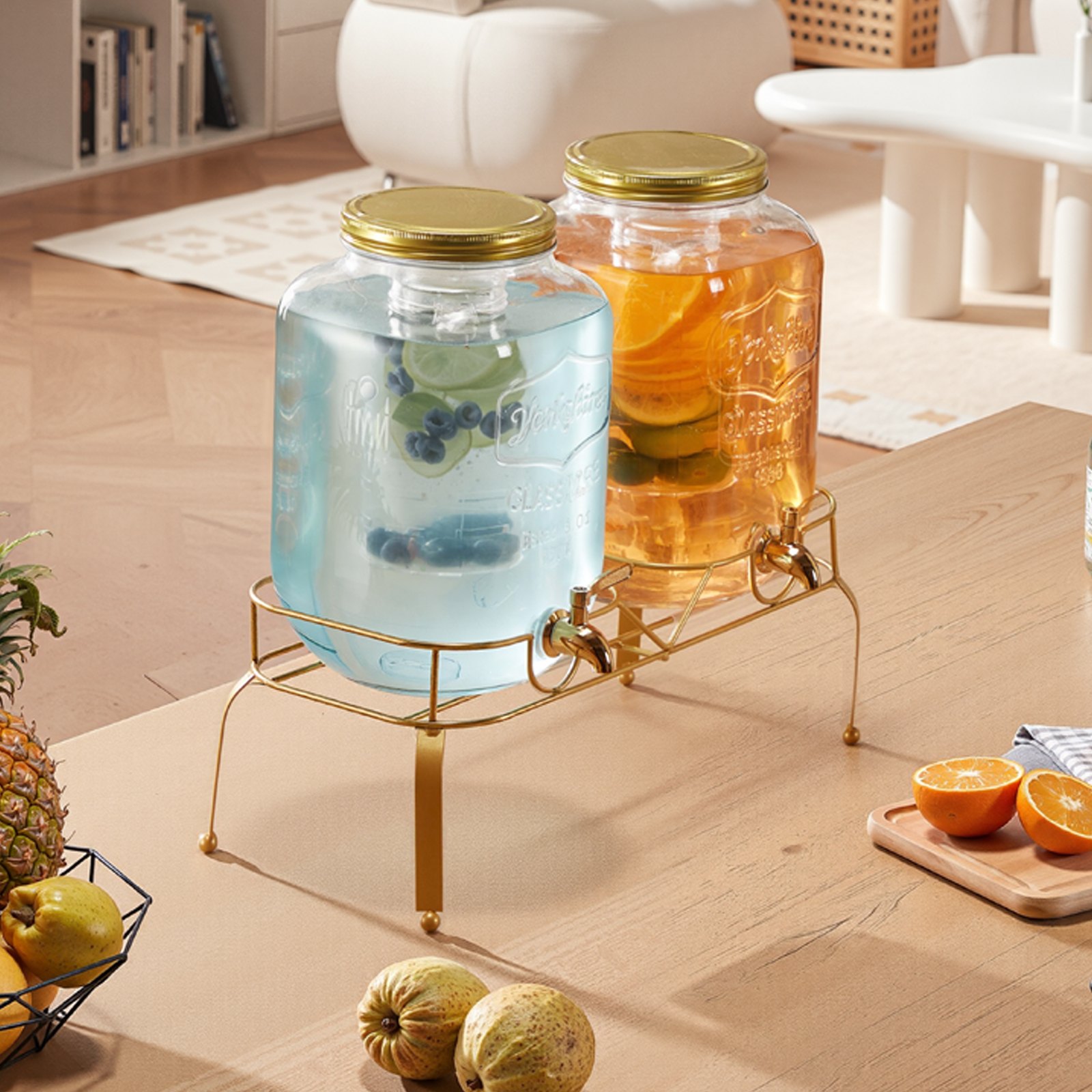 VEVOR Getränkespender (2 x 8 L) für Partys Saftspender (aus Glas) mit tropfsicherem Zapfhahn & Metallständer Wasserspender für Restaurants Partys, Limonade Eistee selbstgemachte Getränke Spender