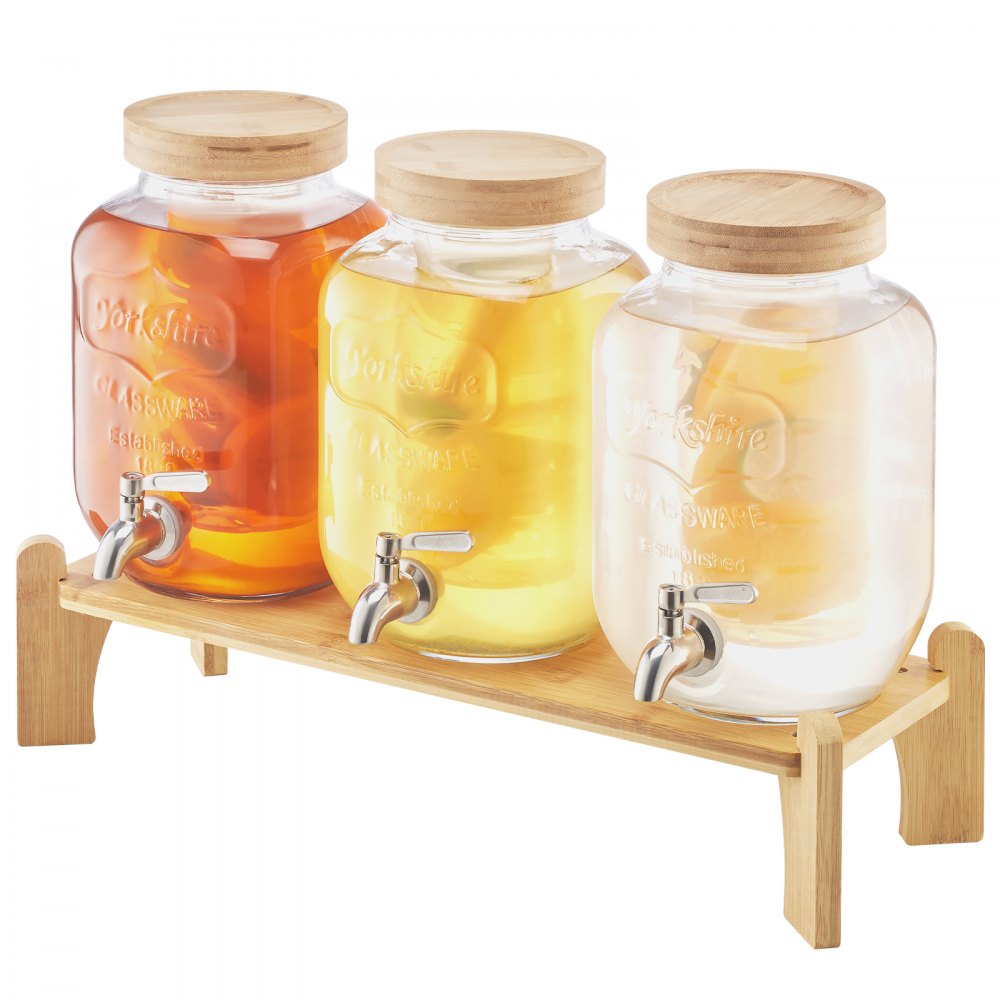 VEVOR Getränkespender (3 x 3,8 L) für Partys Saftspender (aus Glas) mit tropfsicherem Zapfhahn &  Holzständer Wasserspender für Restaurants Partys, Limonade Eistee selbstgemachte Getränke Spender