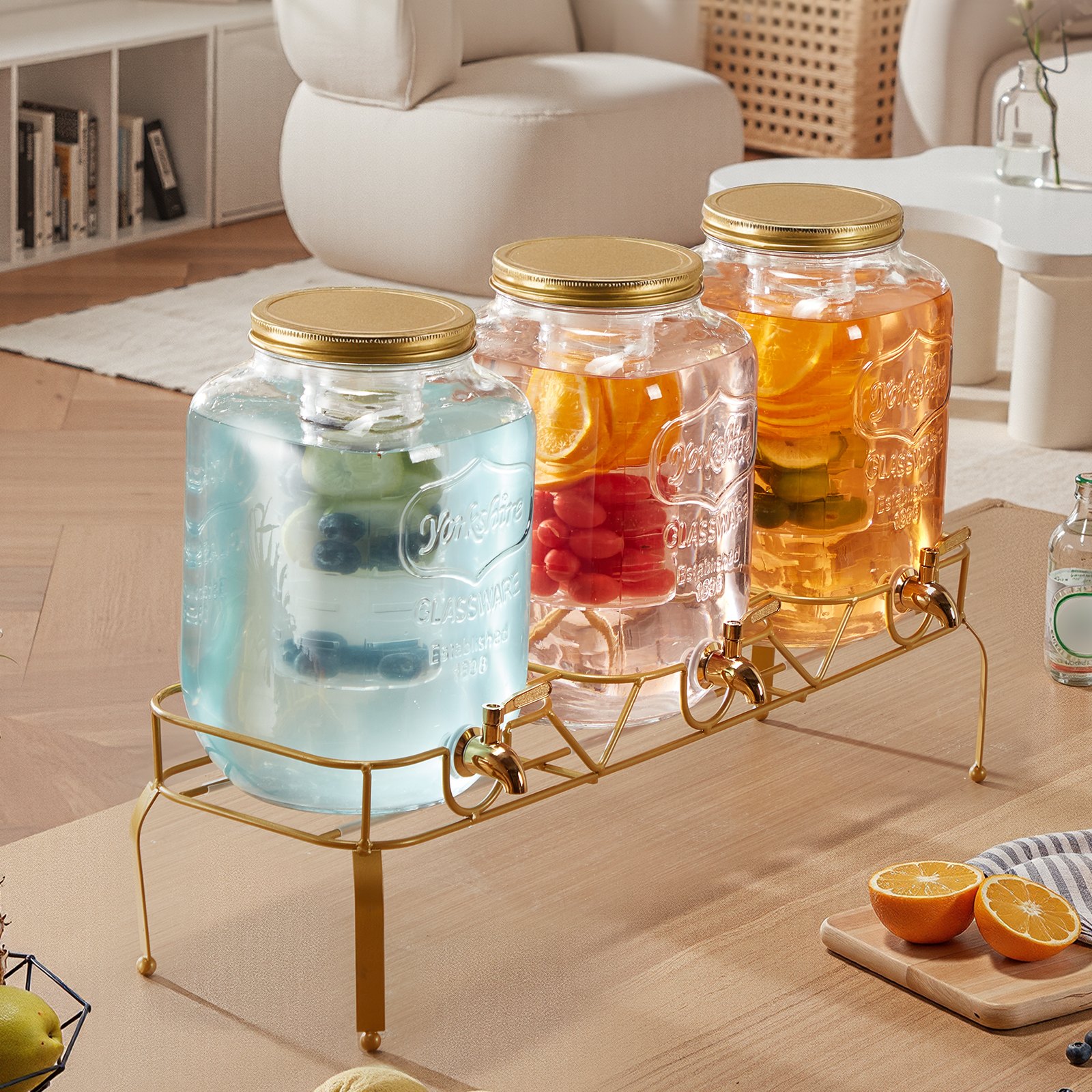 VEVOR Getränkespender (3 x 8 L) für Partys Saftspender (aus Glas) mit tropfsicherem Zapfhahn & Metallständer Wasserspender für Restaurants Partys, Limonade Eistee selbstgemachte Getränke Spender
