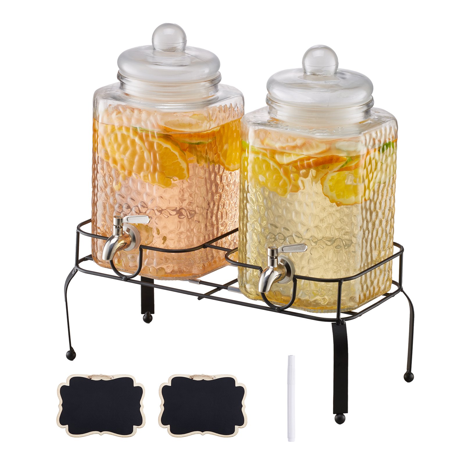 VEVOR Getränkespender (2 x 5,5 L) für Partys Saftspender (aus Glas) mit tropfsicherem Zapfhahn & Metallständer Wasserspender für Restaurants Partys, Limonade selbstgemachte Getränke Spender