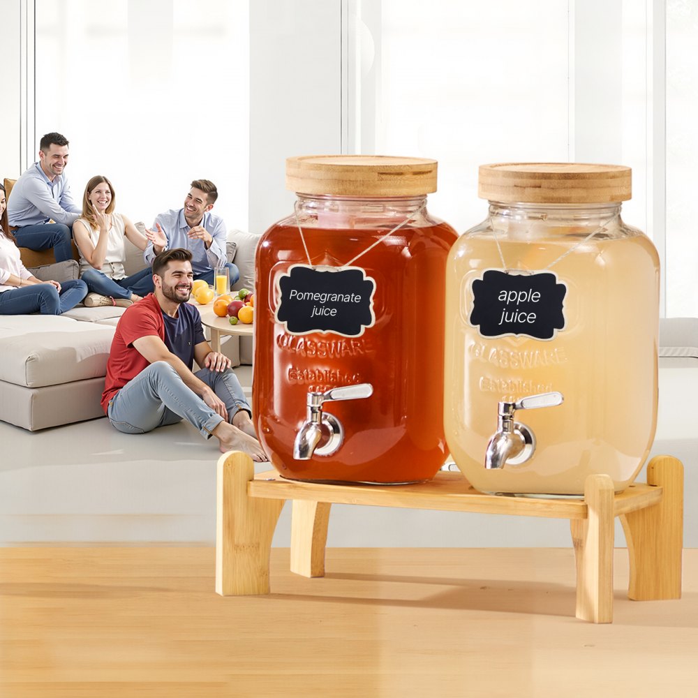 VEVOR Getränkespender (2 x 3,8 L) für Partys Saftspender (aus Glas) mit tropfsicherem Zapfhahn & Holzständer Wasserspender für Restaurants Partys, Limonade Eistee selbstgemachte Getränke Spender