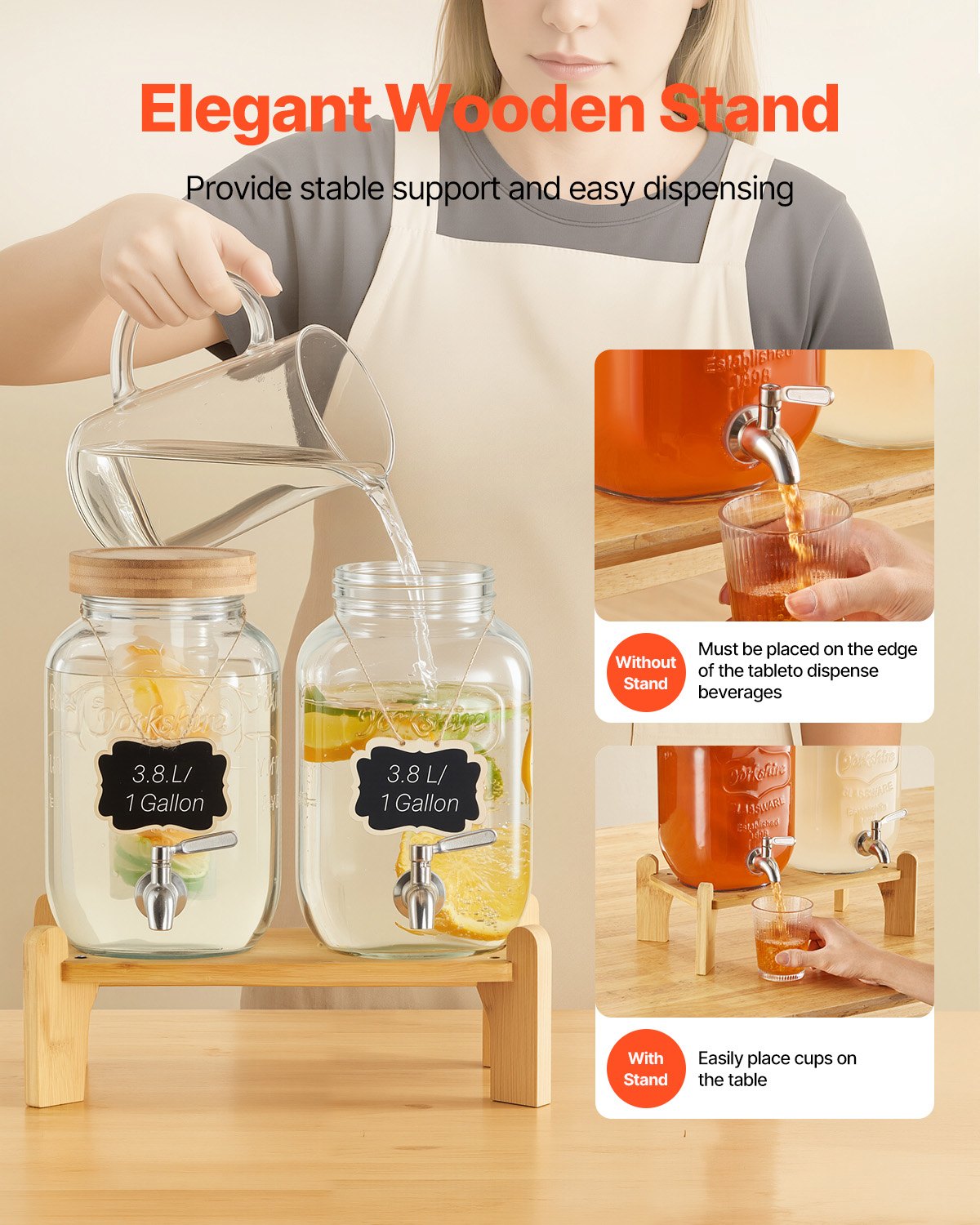 VEVOR Getränkespender (2 x 3,8 L) für Partys Saftspender (aus Glas) mit tropfsicherem Zapfhahn & Holzständer Wasserspender für Restaurants Partys, Limonade Eistee selbstgemachte Getränke Spender
