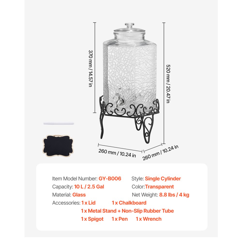 VEVOR Getränkespender (1 x 10 L) für Partys Saftspender (aus Glas) mit tropfsicherem Zapfhahn & Metallständer Wasserspender für Restaurants Partys, Limonade Eistee selbstgemachte Getränke Spender