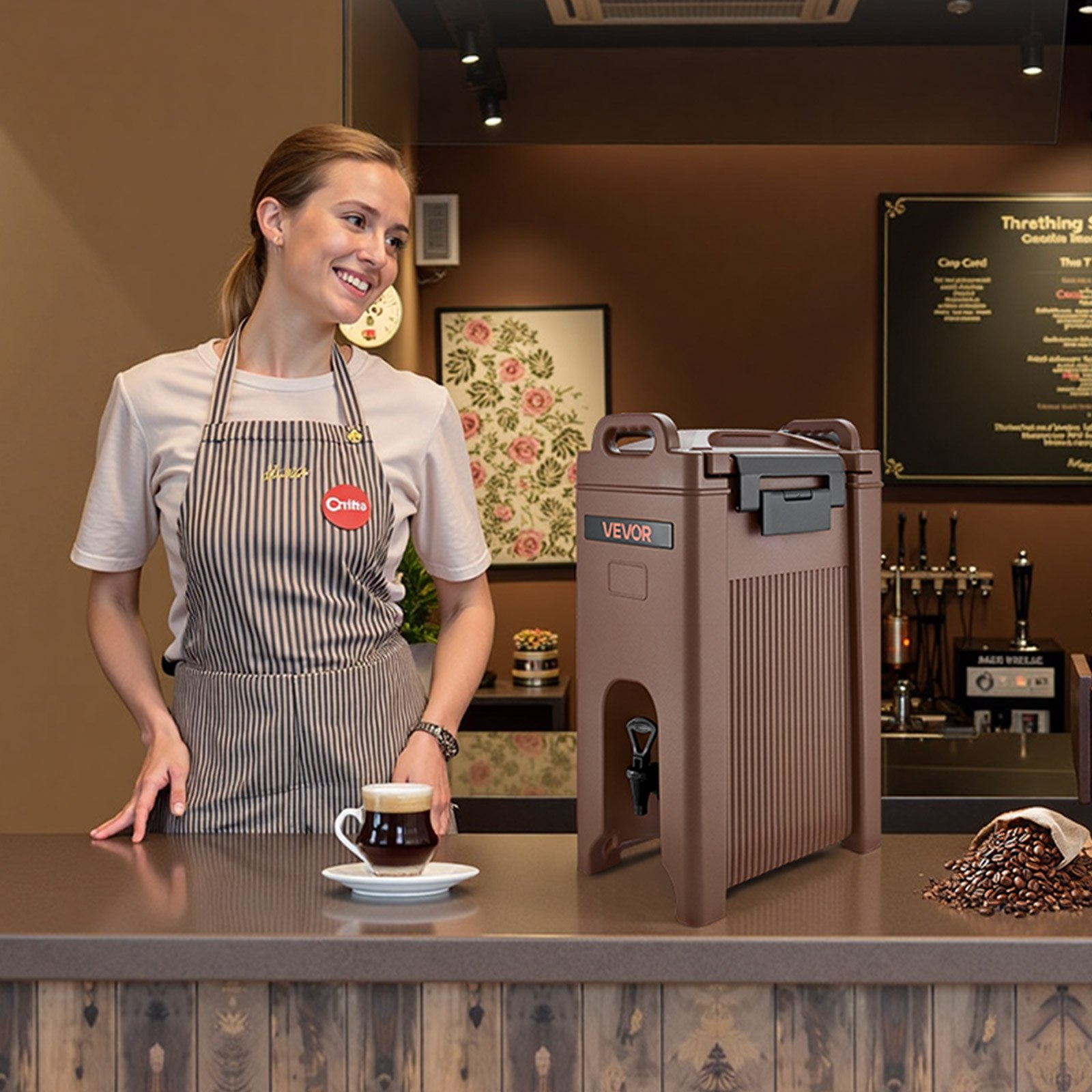 VEVOR isolierter Getränkespender 19 L Heiß- und Kaltgetränkespender mit Zapfhahn & Griff, lebensmittelechter Thermo-Getränkespender-Kühler für Tee Kaffee Wasser in Cafés und Restaurants, Braun
