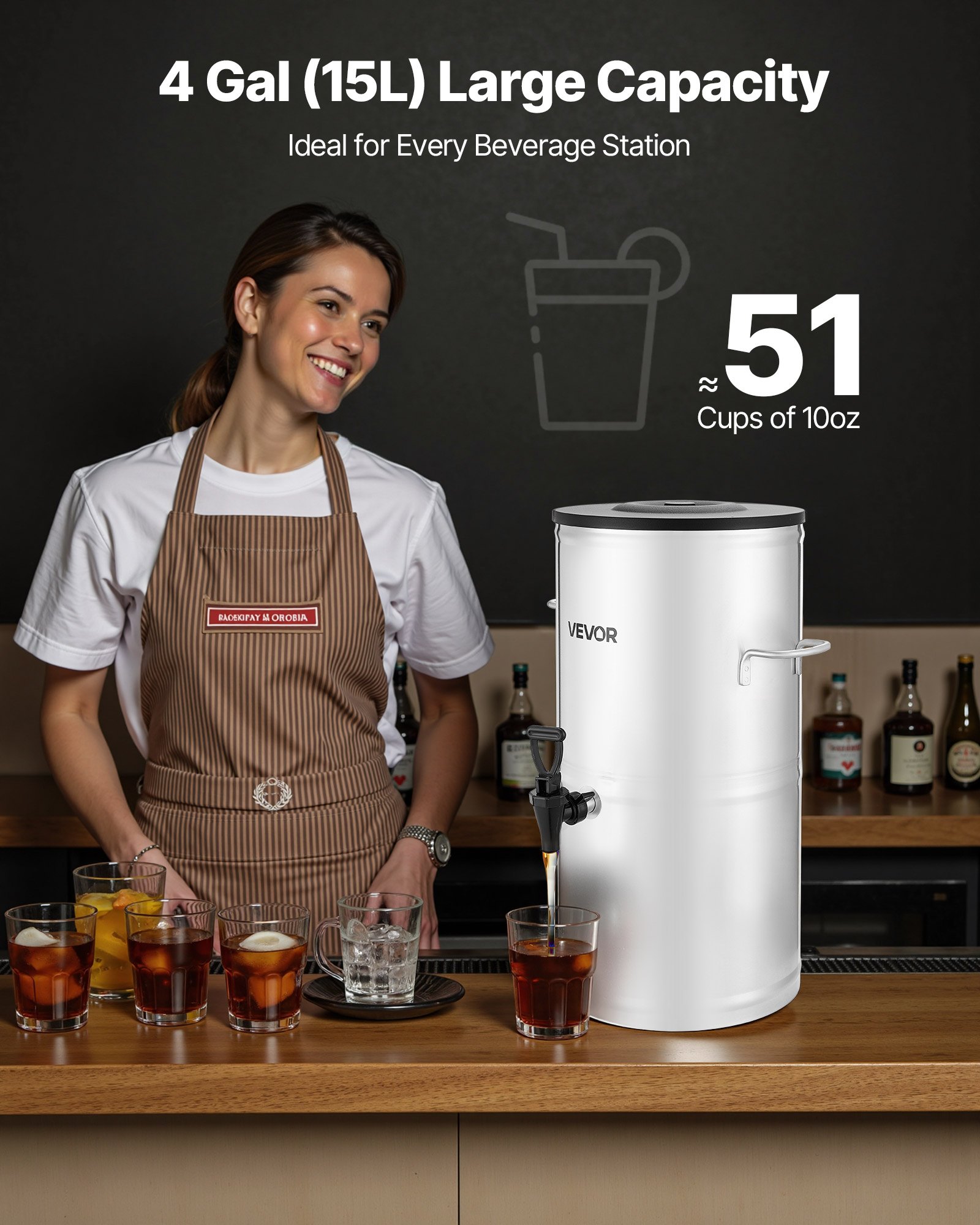 VEVOR Eisteespender Getränkespender aus 304 Edelstahl 15 L Getränkedispenser mit Zapfhahn & Griff, geeignet für heiße und kalte Getränke, für Eistee, Kaffee, Wasser in Cafés und Restaurants