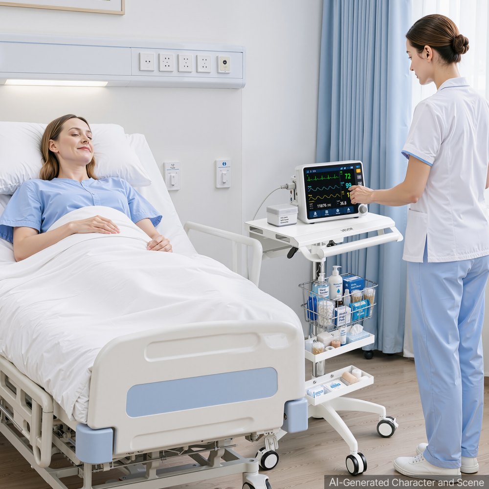 VEVOR Medizinwagen 30 kg Laborwagen Medizinischer Servicewagen 56x56 cm, für Klinik Krankenhaus Labor, 905–1115 mm Höhenverstellbar Pneumatisch, Transportwagen mit 2 Ablagefächern, 1 Korb, 5 Rädern
