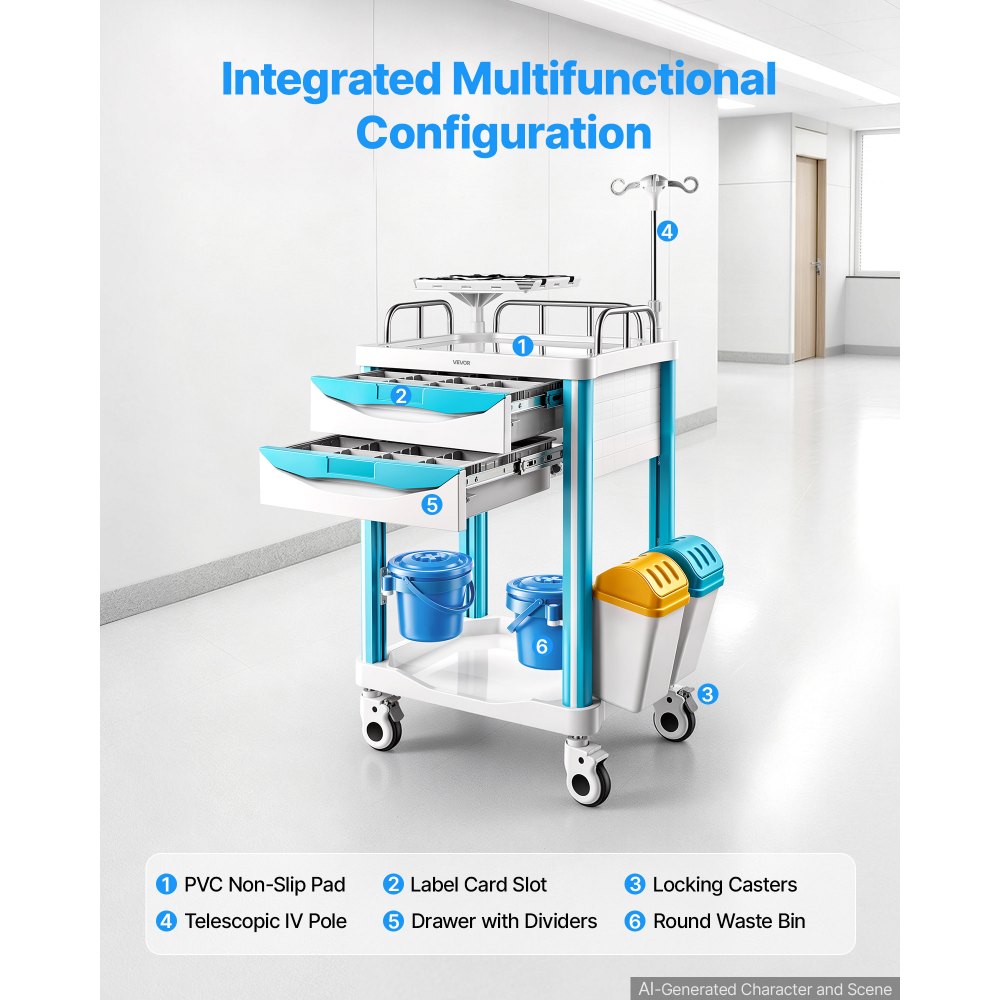 VEVOR Medizinwagen 110kg Laborwagen Medizinischer Servicewagen 89x68x165cm, für Krankenhäuser Kliniken & Labore, Geräuscharmer Transportwagen mit 2 Schubladen, 360° Drehbaren & Feststellbaren Rädern