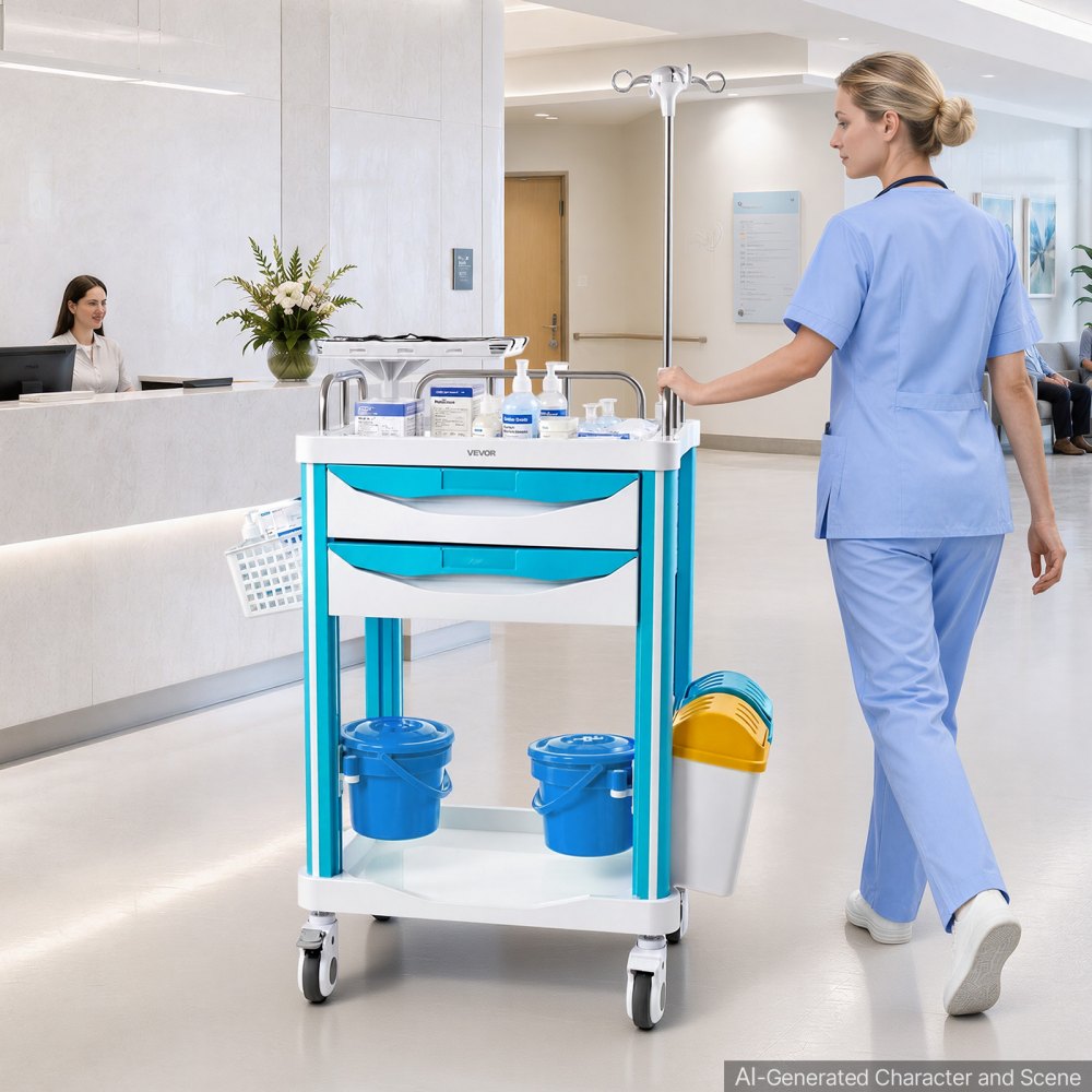 VEVOR Medizinwagen 110kg Laborwagen Medizinischer Servicewagen 89x68x165cm, für Krankenhäuser Kliniken & Labore, Geräuscharmer Transportwagen mit 2 Schubladen, 360° Drehbaren & Feststellbaren Rädern