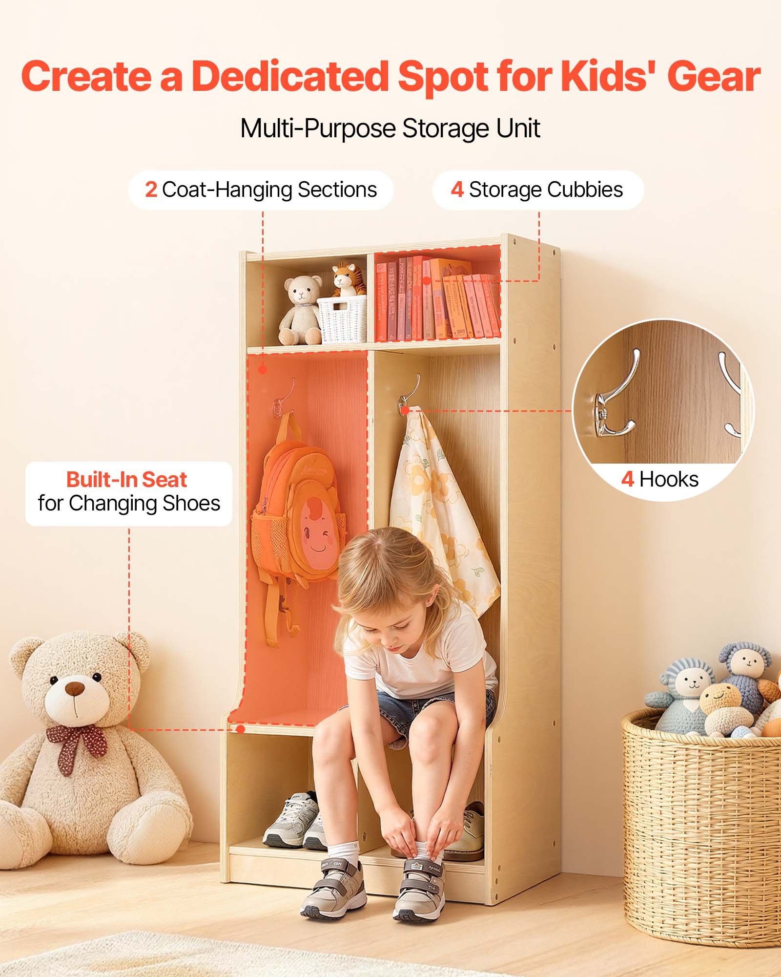 VEVOR Offener Kinderkleiderschrank aus Sperrholz, Kindergarderobe mit 4 Haken & 6 Fächern (2 Groß + 4 Klein), Garderobenregal & Aufbewahrungsregal für Kinderzimmer Zuhause Kindergarten Kita