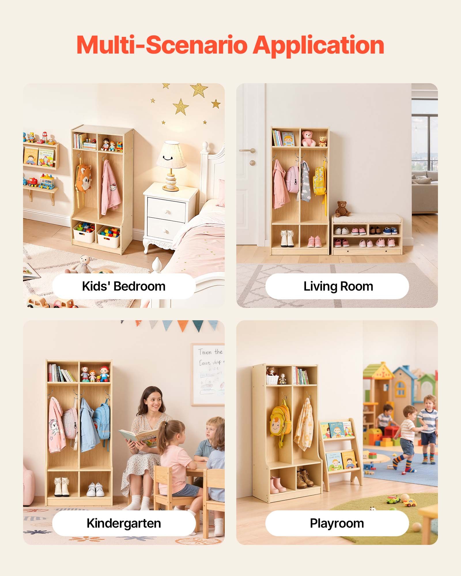 VEVOR Offener Kinderkleiderschrank aus Sperrholz, Kindergarderobe mit 4 Haken & 6 Fächern (2 Groß + 4 Klein), Garderobenregal & Aufbewahrungsregal für Kinderzimmer Zuhause Kindergarten Kita