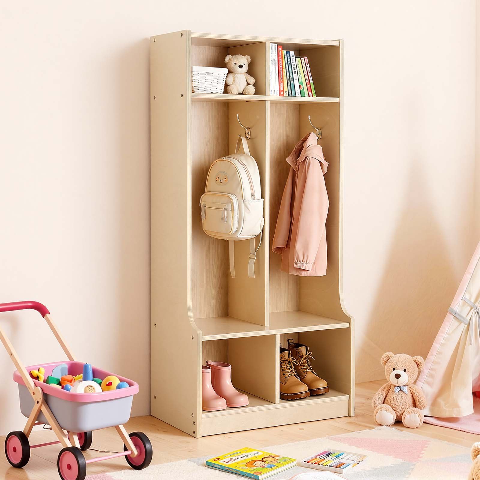 VEVOR Offener Kinderkleiderschrank aus Sperrholz, Kindergarderobe mit 4 Haken & 6 Fächern (2 Groß + 4 Klein), Garderobenregal & Aufbewahrungsregal für Kinderzimmer Zuhause Kindergarten Kita