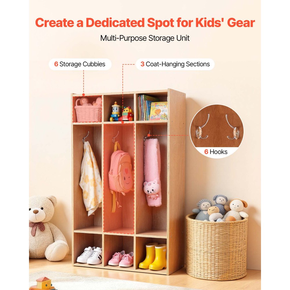 VEVOR Offener Kinderkleiderschrank aus Sperrholz, Kindergarderobe mit 6 Haken & 9 Fächern (3 Groß + 6 Klein), Garderobenregal & Aufbewahrungsregal für Kinderzimmer Zuhause Kindergarten Kita