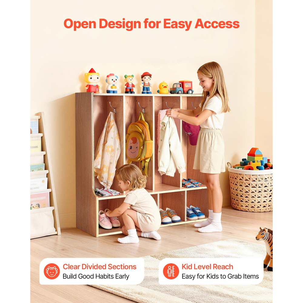 VEVOR Offener Kinderkleiderschrank aus Sperrholz, Kindergarderobe mit 8 Haken & 8 Fächern (4 Groß + 4 Klein), Garderobenregal & Aufbewahrungsregal für Kinderzimmer Zuhause Kindergarten Kita