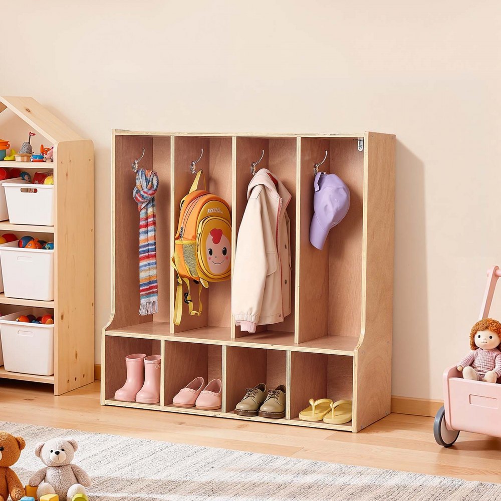 VEVOR Offener Kinderkleiderschrank aus Sperrholz, Kindergarderobe mit 8 Haken & 8 Fächern (4 Groß + 4 Klein), Garderobenregal & Aufbewahrungsregal für Kinderzimmer Zuhause Kindergarten Kita