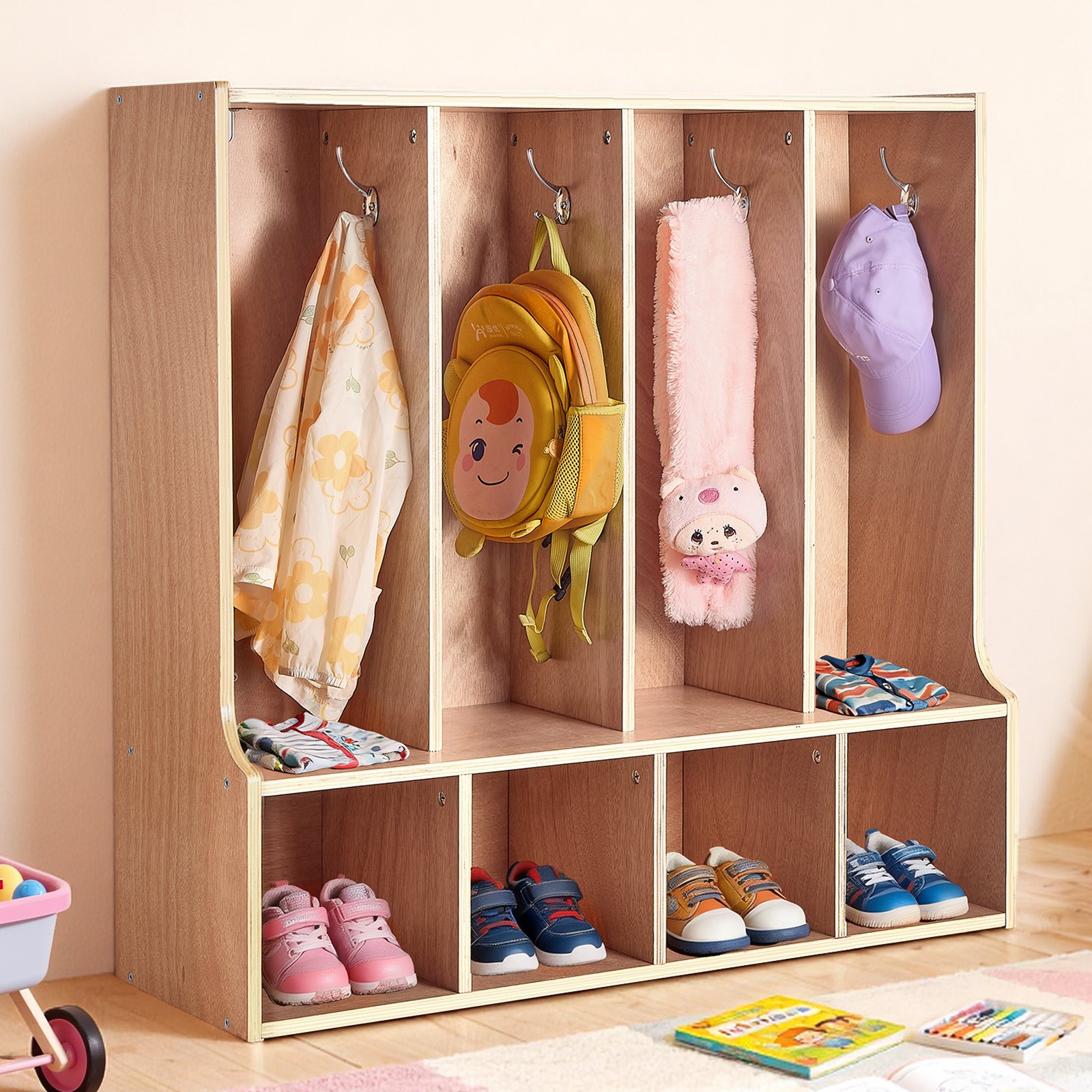 VEVOR Offener Kinderkleiderschrank aus Sperrholz, Kindergarderobe mit 8 Haken & 8 Fächern (4 Groß + 4 Klein), Garderobenregal & Aufbewahrungsregal für Kinderzimmer Zuhause Kindergarten Kita