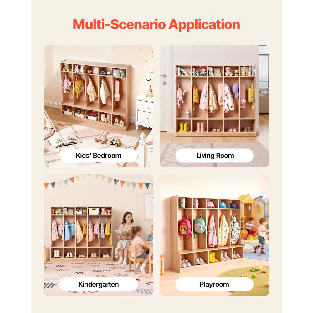 VEVOR Offener Kinderkleiderschrank aus Holz, Kindergarderobe mit 10 Haken & 15 Fächern (5 Groß + 10 Klein), Garderobenregal & Aufbewahrungsregal für Kinderzimmer Zuhause Kindergarten Kita
