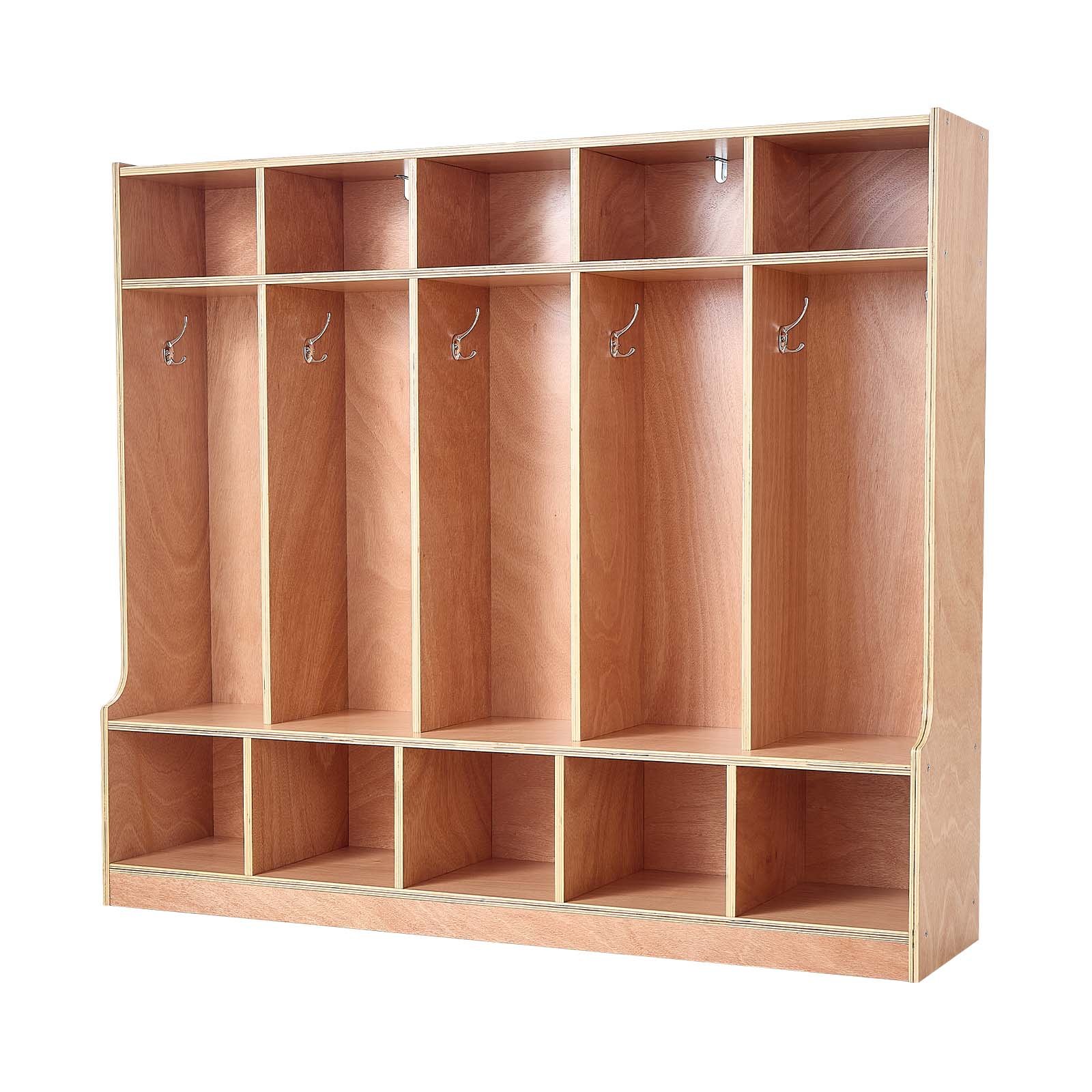 VEVOR Offener Kinderkleiderschrank aus Holz, Kindergarderobe mit 10 Haken & 15 Fächern (5 Groß + 10 Klein), Garderobenregal & Aufbewahrungsregal für Kinderzimmer Zuhause Kindergarten Kita