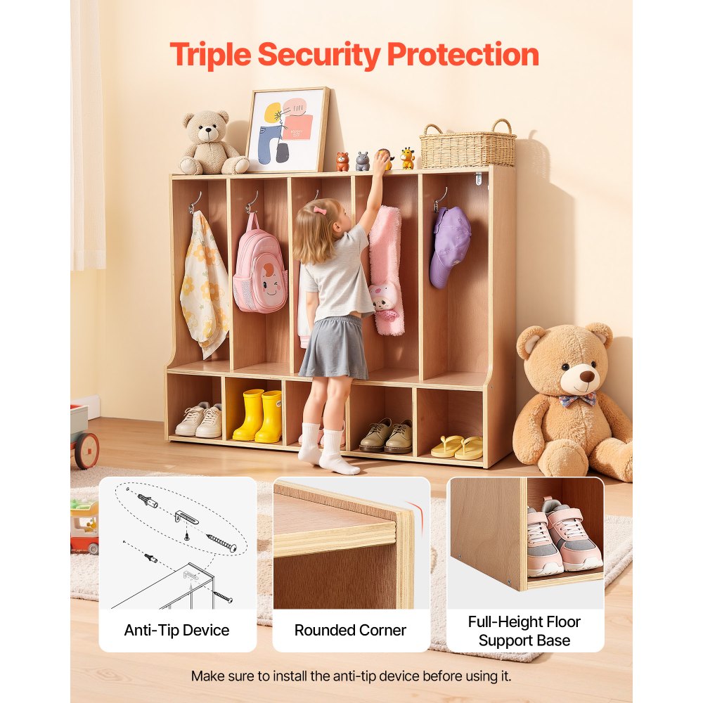 VEVOR Offener Kinderkleiderschrank aus Sperrholz, Kindergarderobe mit 10 Haken & 10 Fächern (5 Groß + 5 Klein), Garderobenregal & Aufbewahrungsregal für Kinderzimmer Zuhause Kindergarten Kita