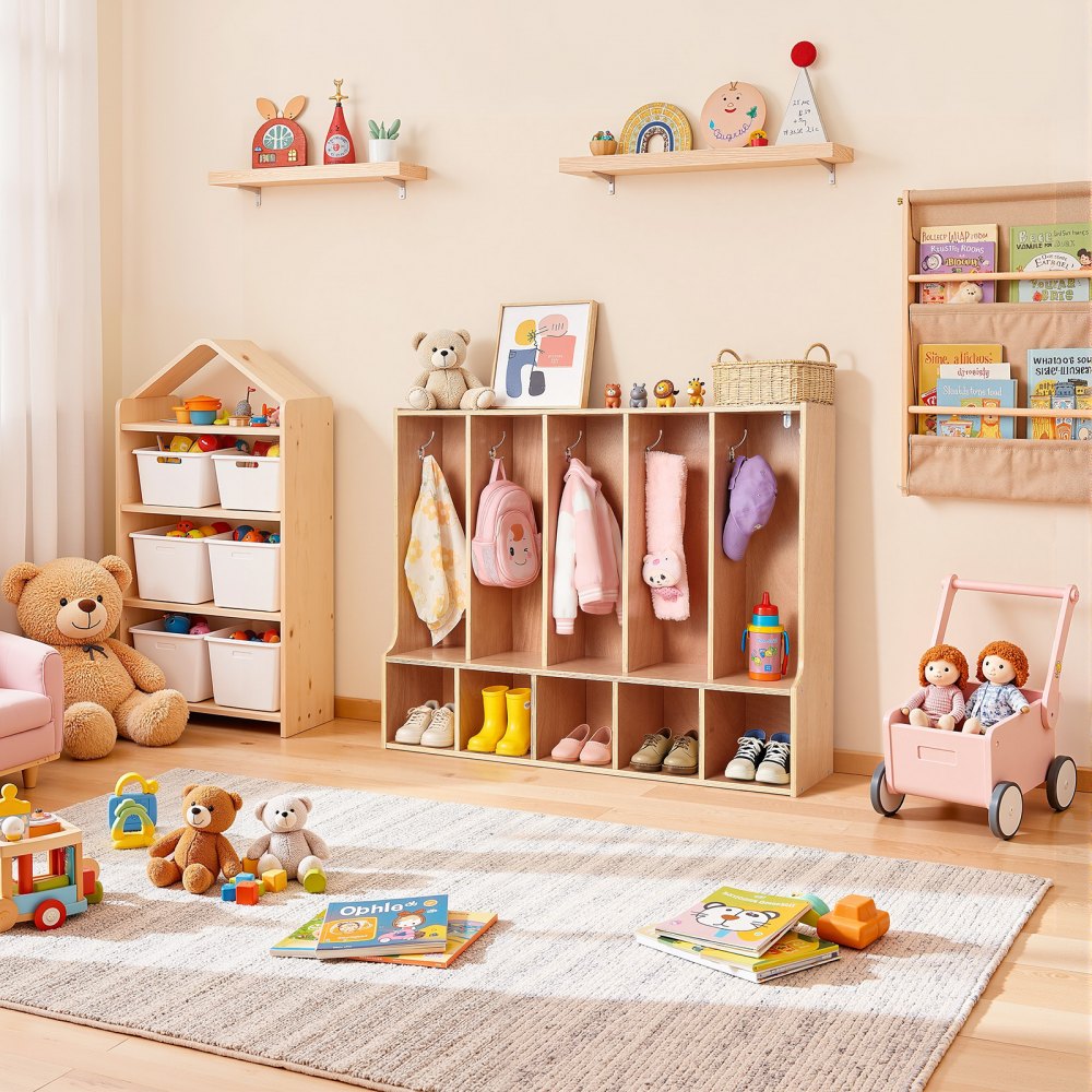 VEVOR Offener Kinderkleiderschrank aus Sperrholz, Kindergarderobe mit 10 Haken & 10 Fächern (5 Groß + 5 Klein), Garderobenregal & Aufbewahrungsregal für Kinderzimmer Zuhause Kindergarten Kita