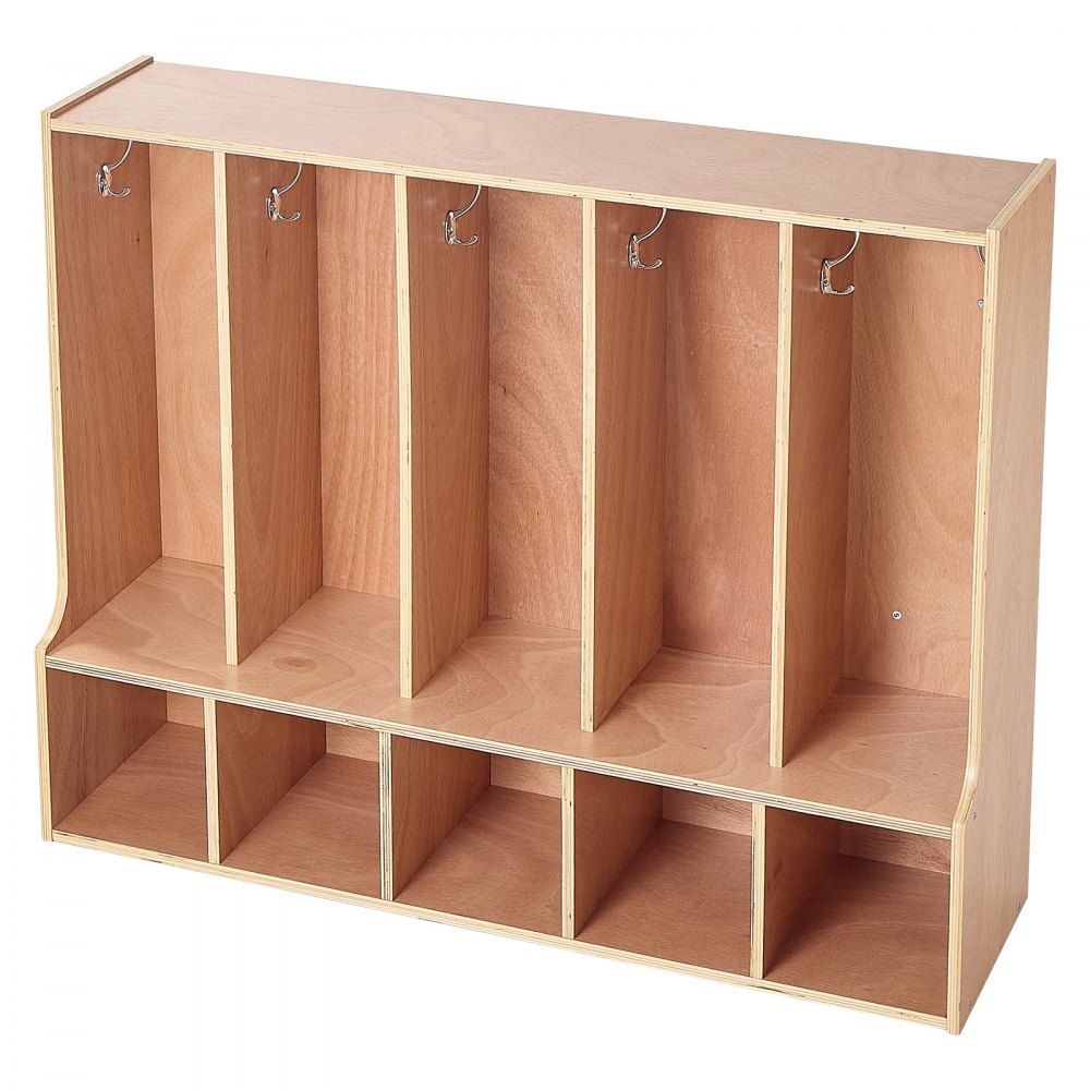 VEVOR Offener Kinderkleiderschrank aus Sperrholz, Kindergarderobe mit 10 Haken & 10 Fächern (5 Groß + 5 Klein), Garderobenregal & Aufbewahrungsregal für Kinderzimmer Zuhause Kindergarten Kita