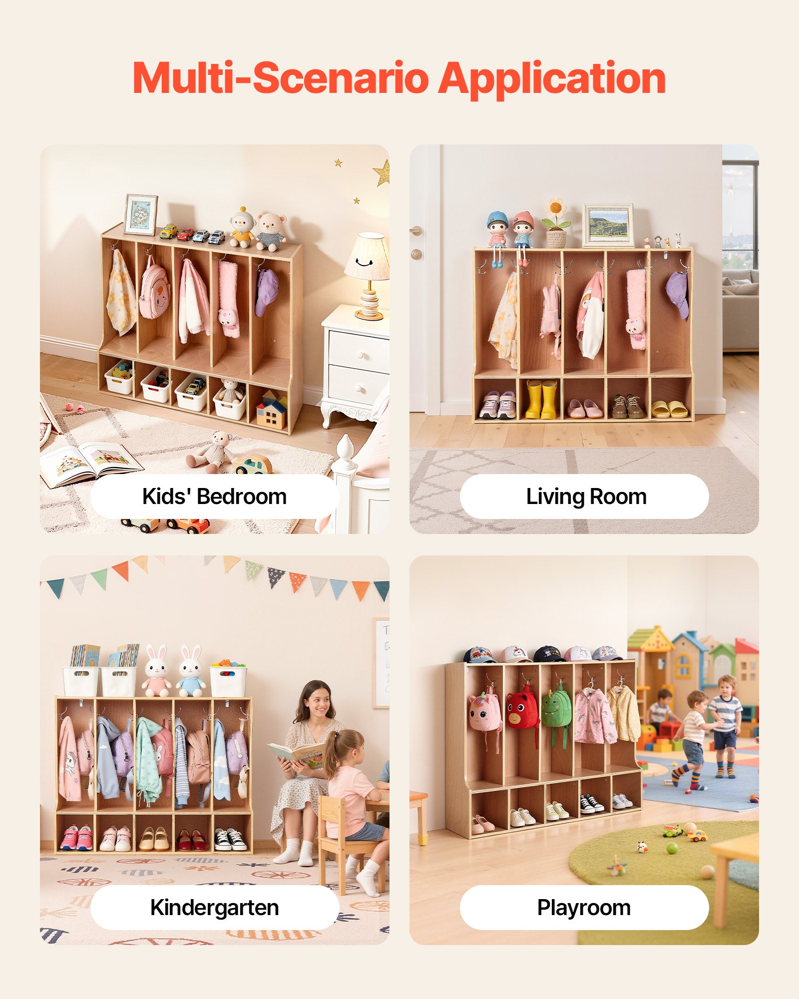 VEVOR Offener Kinderkleiderschrank aus Sperrholz, Kindergarderobe mit 10 Haken & 10 Fächern (5 Groß + 5 Klein), Garderobenregal & Aufbewahrungsregal für Kinderzimmer Zuhause Kindergarten Kita