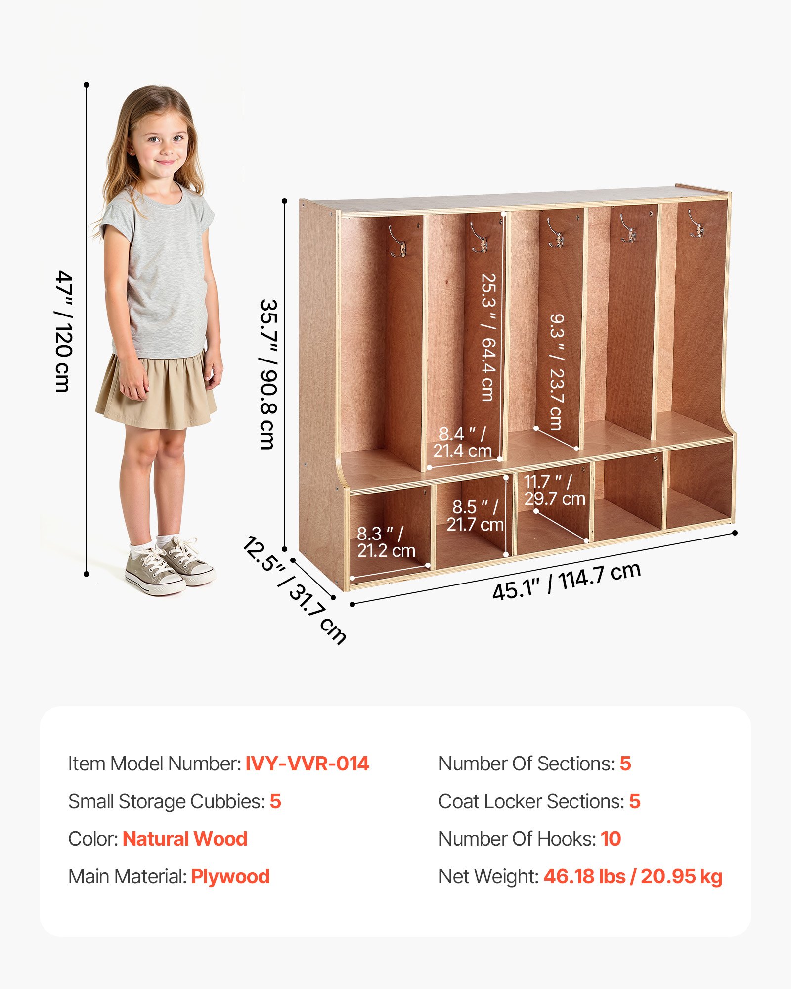 VEVOR Offener Kinderkleiderschrank aus Sperrholz, Kindergarderobe mit 10 Haken & 10 Fächern (5 Groß + 5 Klein), Garderobenregal & Aufbewahrungsregal für Kinderzimmer Zuhause Kindergarten Kita