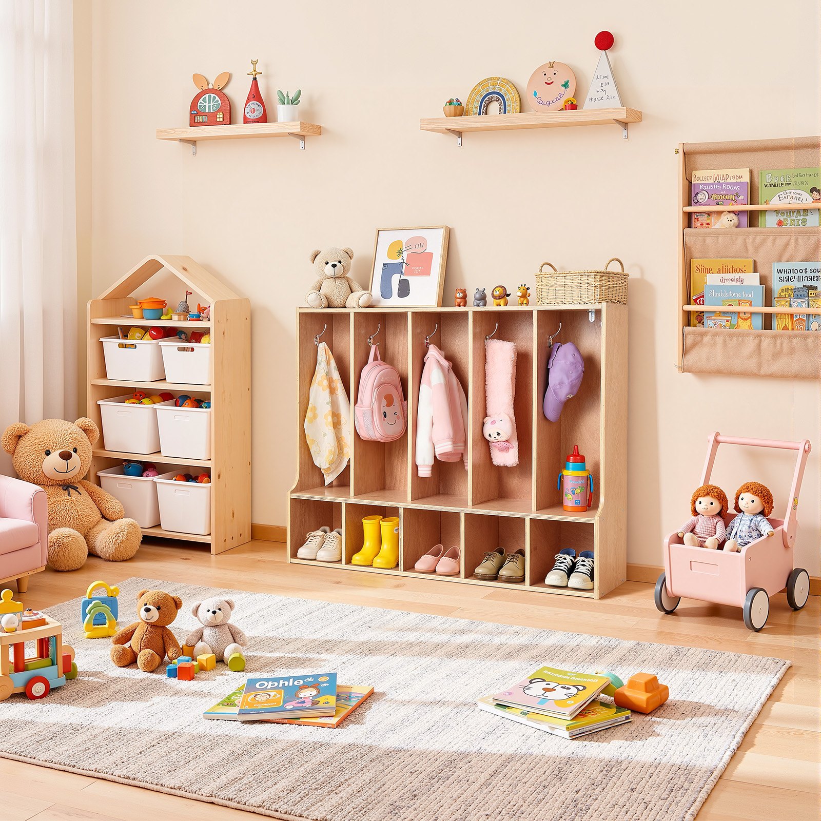 VEVOR Offener Kinderkleiderschrank aus Sperrholz, Kindergarderobe mit 10 Haken & 10 Fächern (5 Groß + 5 Klein), Garderobenregal & Aufbewahrungsregal für Kinderzimmer Zuhause Kindergarten Kita