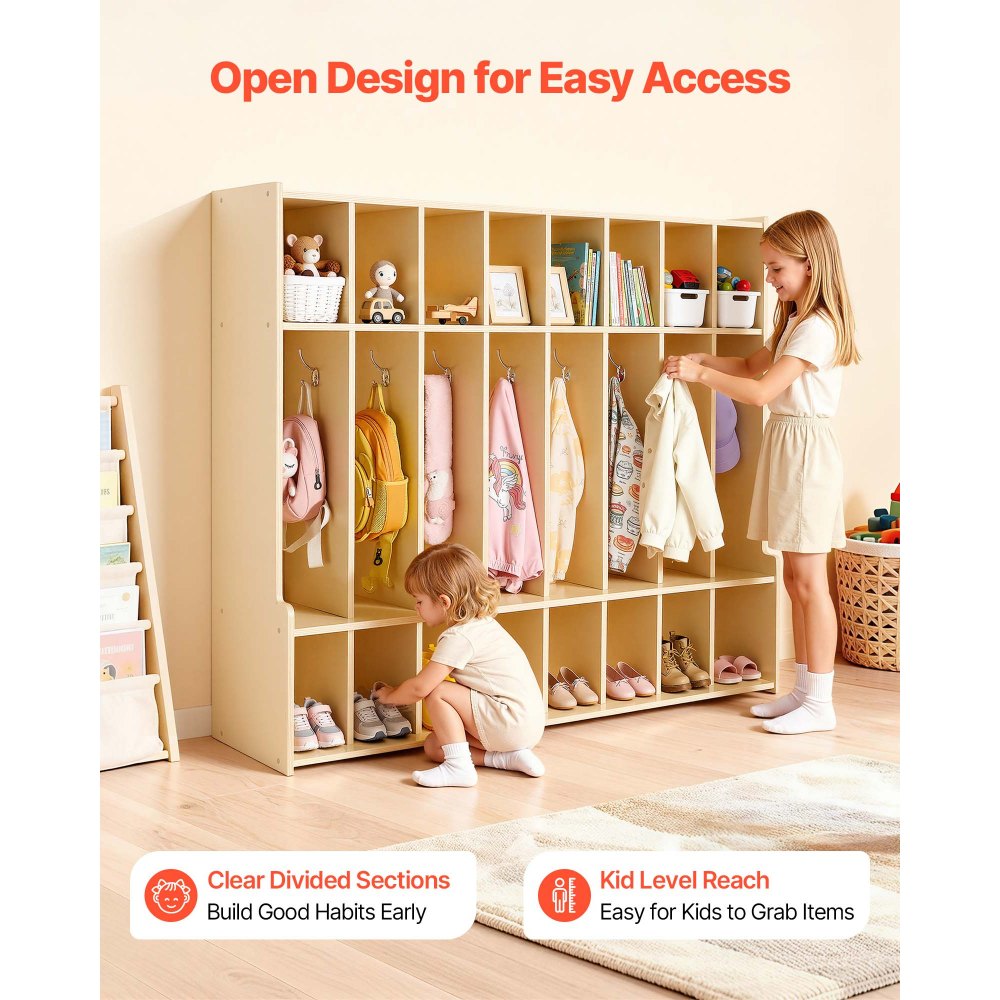 VEVOR 8-Section Kids Coat Locker, Wooden Toddler Cubby Storage Organizer with 16 Hooks & Anti-Tip Kit, Modern Kid Coat Cubbies with 16 Small Open Storage Boxes for Home, Kindergarten, Daycare, Natural